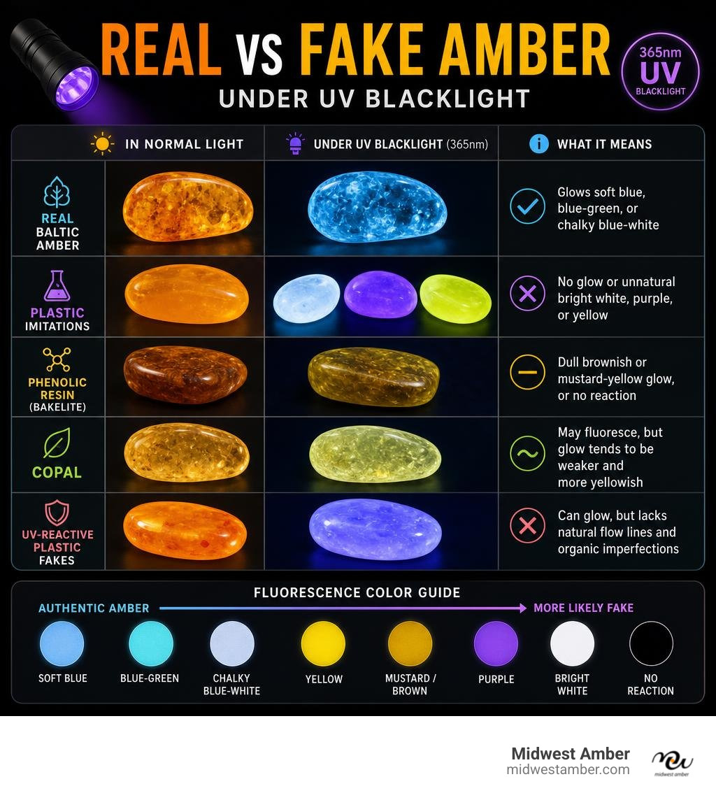 Infographic showing how real vs fake amber appears under UV blacklight with fluorescence color guide infographic