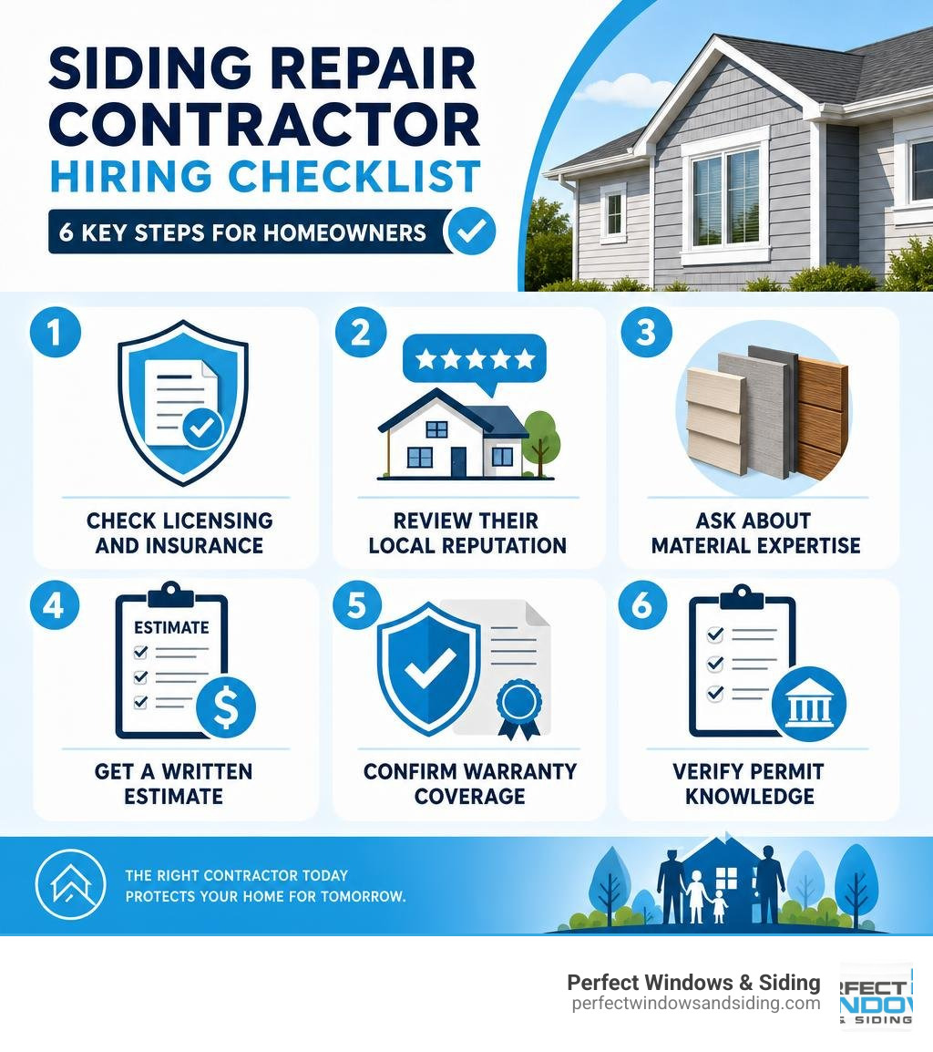 Siding repair contractor hiring checklist infographic with 6 key steps for homeowners infographic