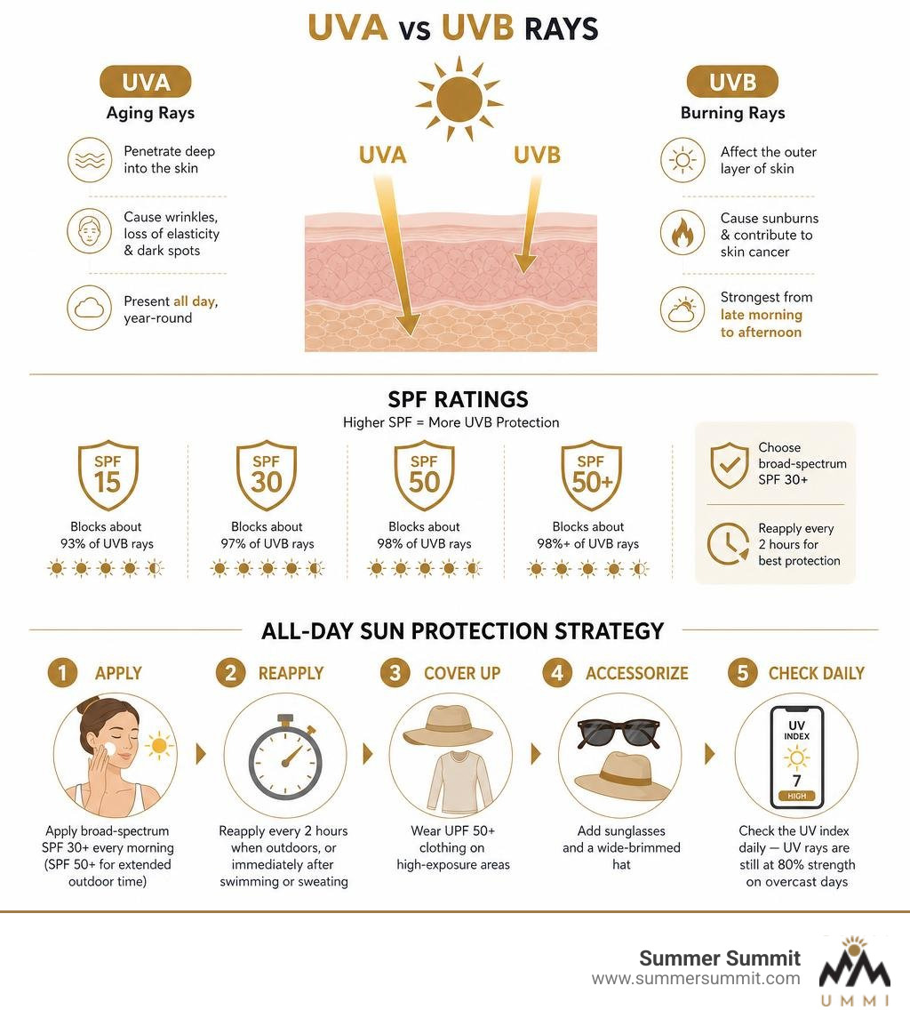 Infographic showing UVA vs UVB rays, SPF ratings, and all-day sun protection strategy steps infographic Infographic showing UVA vs UVB rays, SPF ratings, and all-day sun protection strategy steps infographic