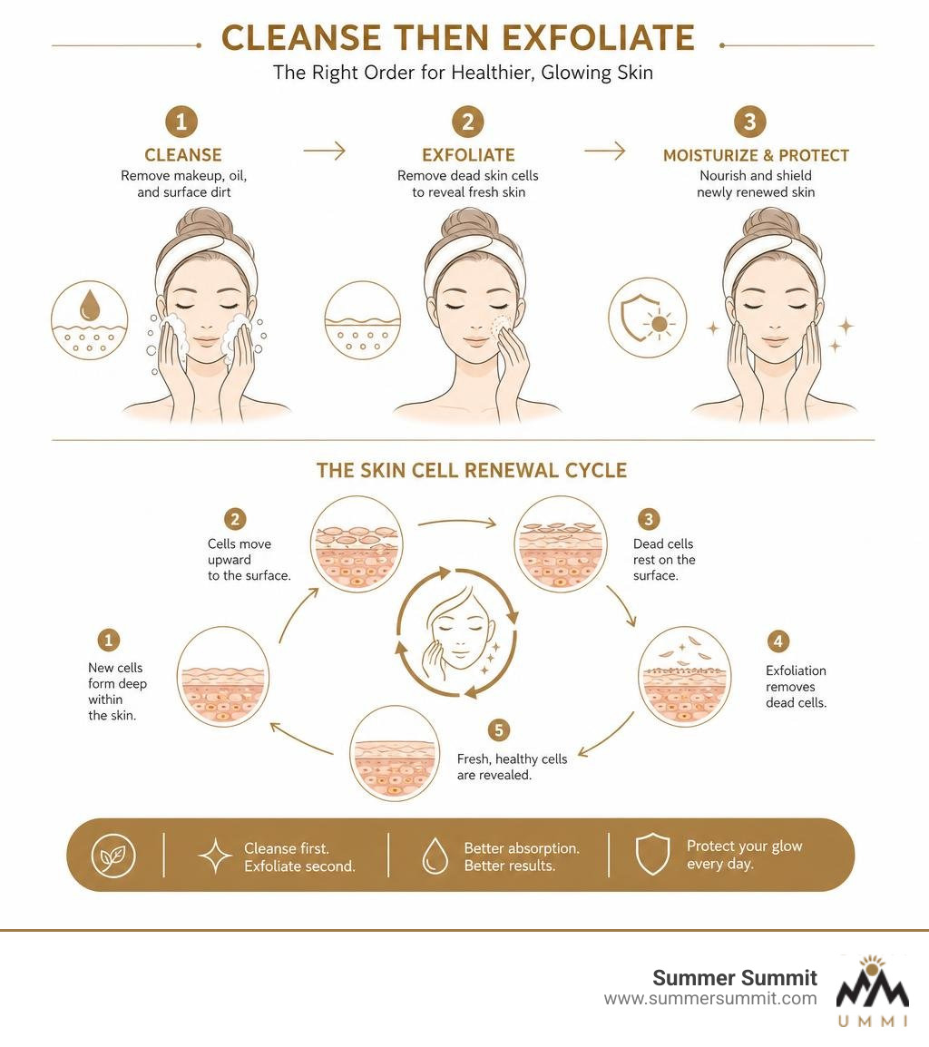 Infographic showing correct cleanse then exfoliate order with skin cell renewal cycle infographic Infographic showing correct cleanse then exfoliate order with skin cell renewal cycle infographic