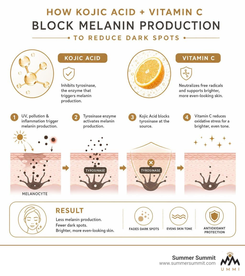 infographic showing how kojic acid and vitamin C block melanin production to reduce dark spots infographic infographic showing how kojic acid and vitamin C block melanin production to reduce dark spots infographic