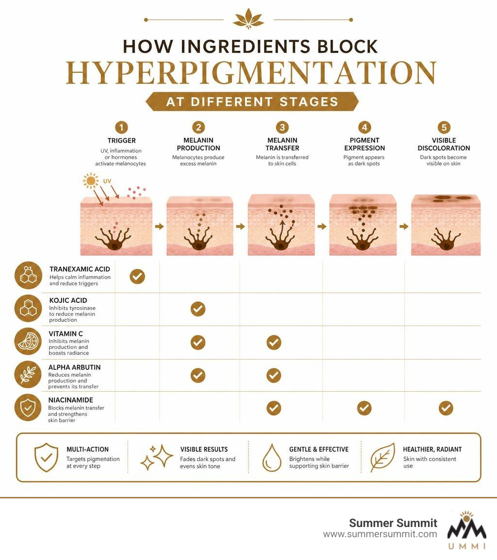 infographic comparing how different ingredients block hyperpigmentation at different stages infographic infographic comparing how different ingredients block hyperpigmentation at different stages infographic