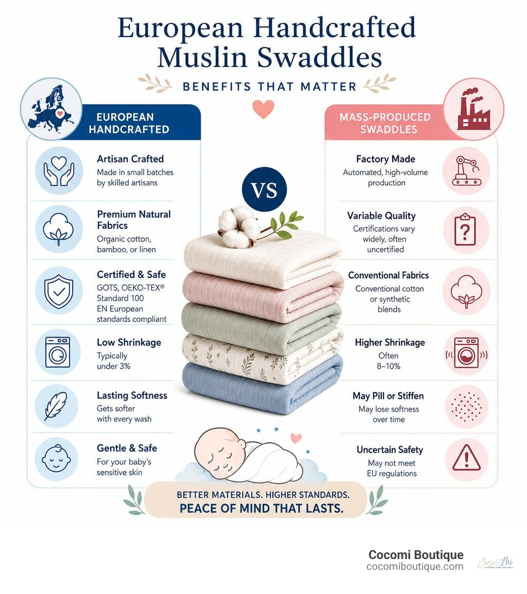 Benefits of European handcrafted muslin swaddles vs mass-produced infographic infographic