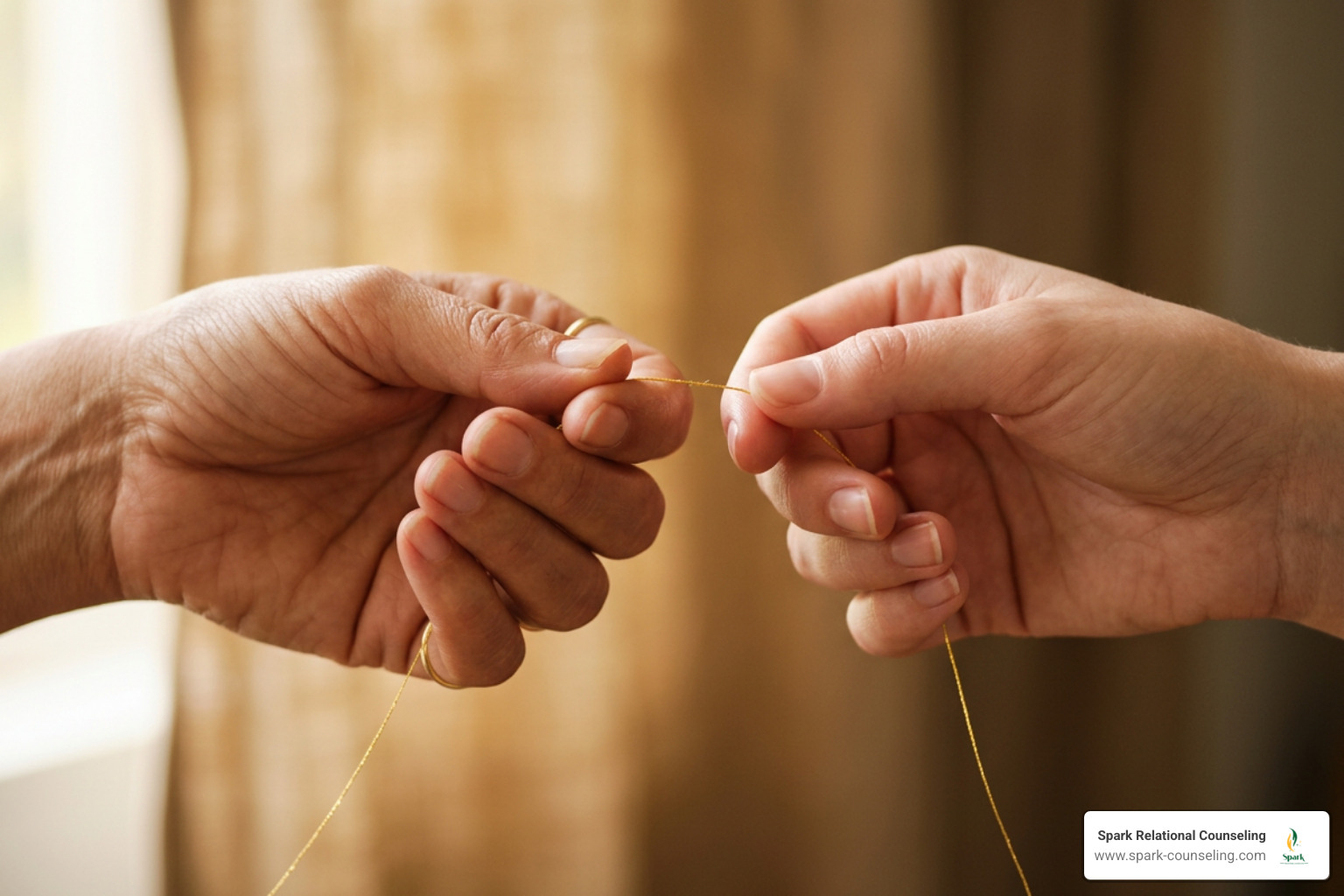 Two hands gently holding a single golden thread representing relationship connection