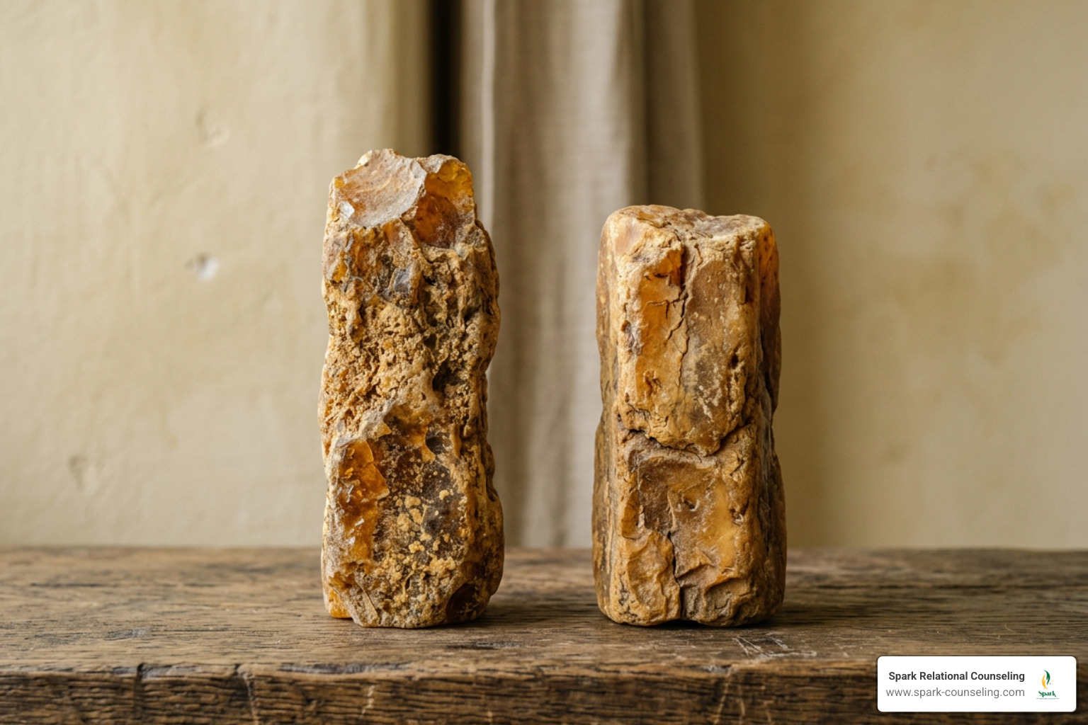 Two distinct amber-colored stone pillars standing side-by-side representing differentiation