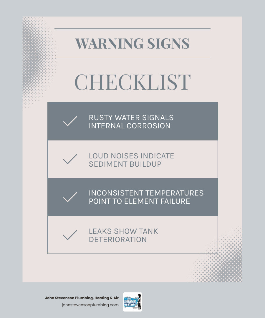 Infographic showing 7 warning signs of a failing water heater with icons for each sign infographic