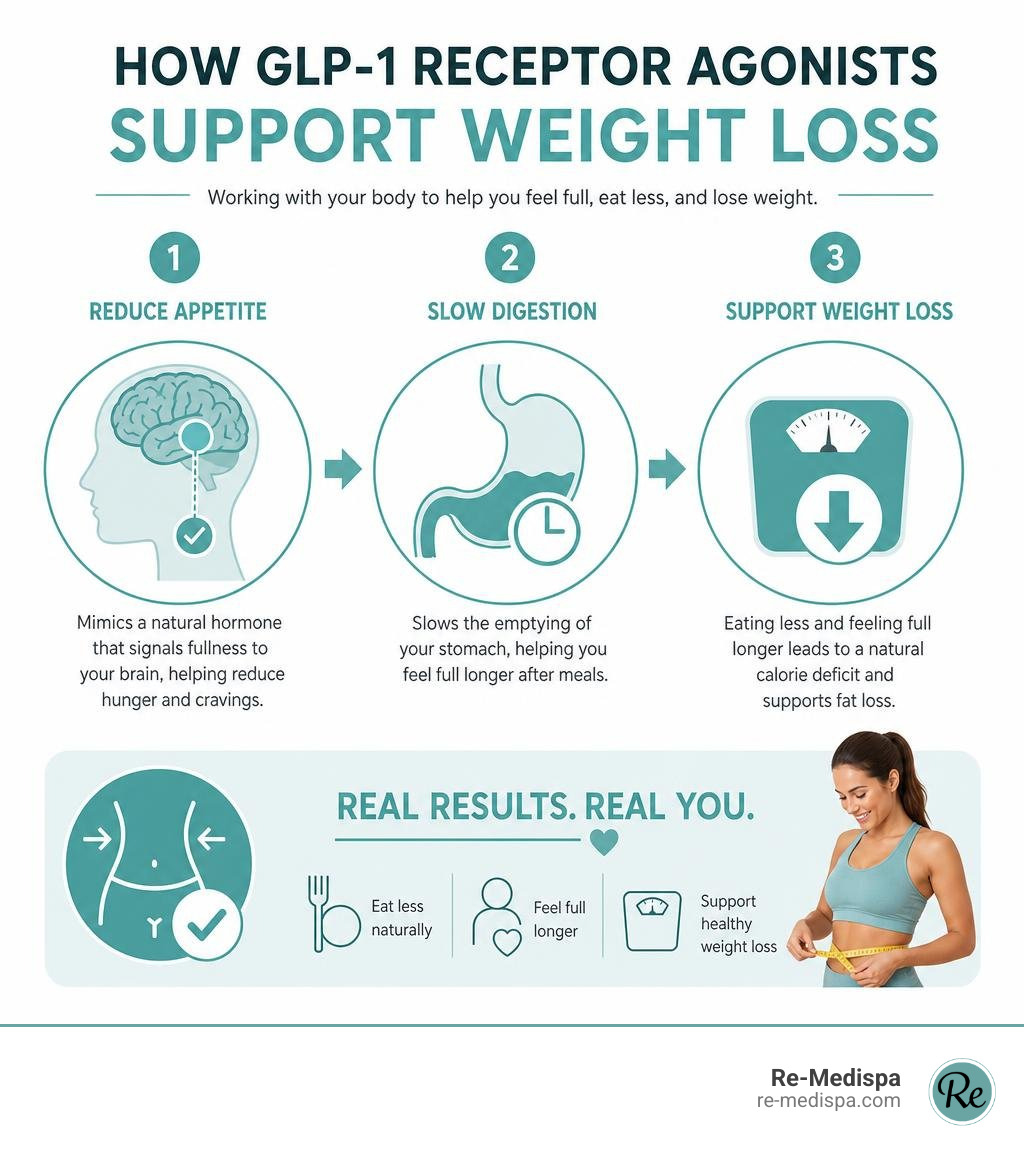 Infographic showing how GLP-1 receptor agonists reduce appetite, slow digestion, and support weight loss infographic