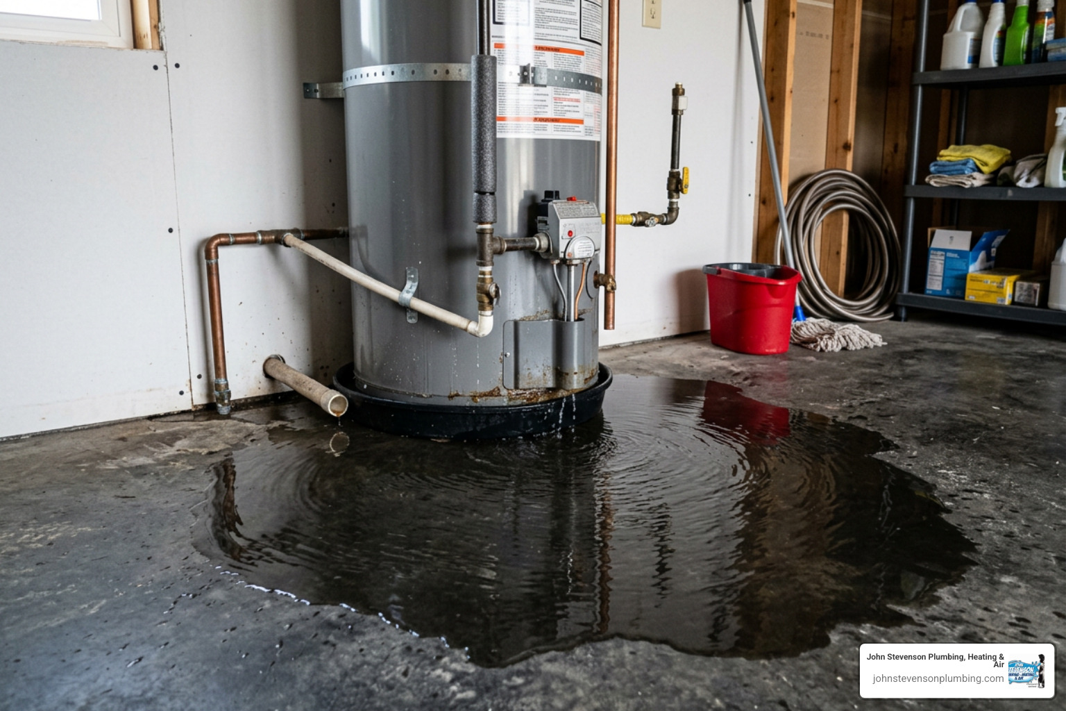 leaking water heater base with water pooling on the concrete floor