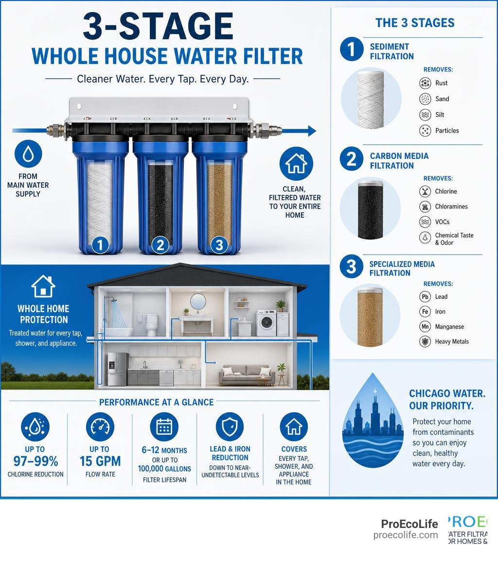 Infographic showing 3-stage whole house water filter flow, stages, contaminants removed, and performance stats infographic