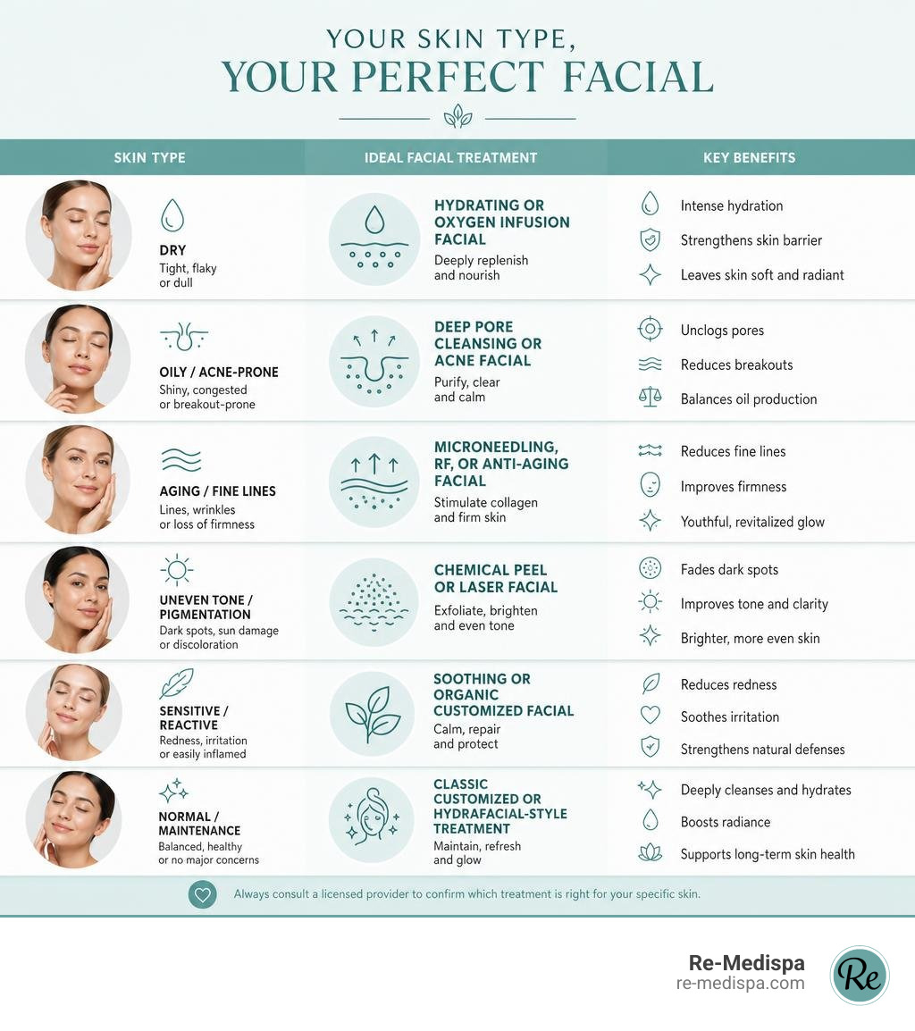 Infographic showing skin types matched to ideal facial treatments with key benefits for each infographic