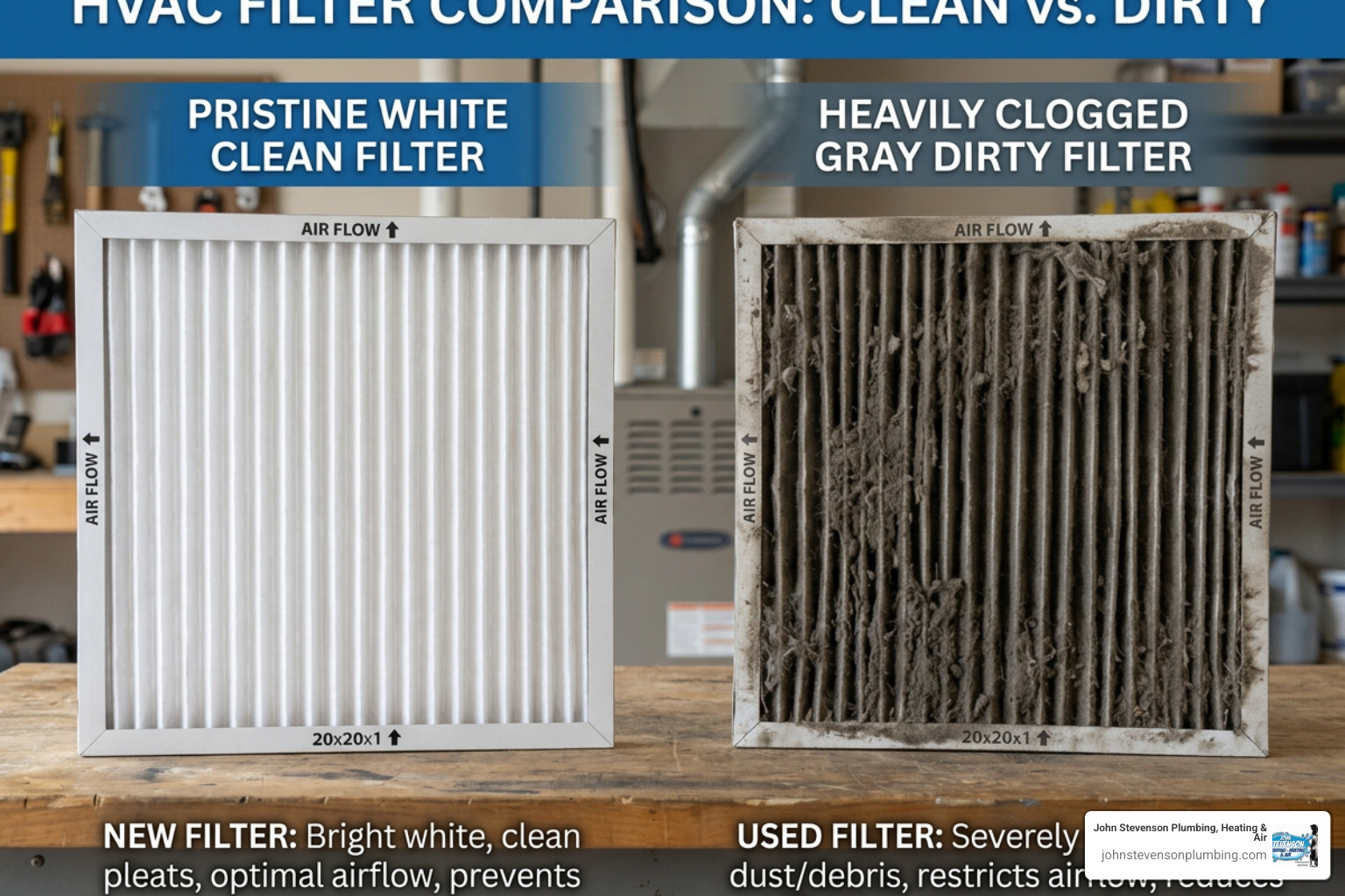a side-by-side comparison of a pristine white clean filter and a heavily clogged gray dirty HVAC filter