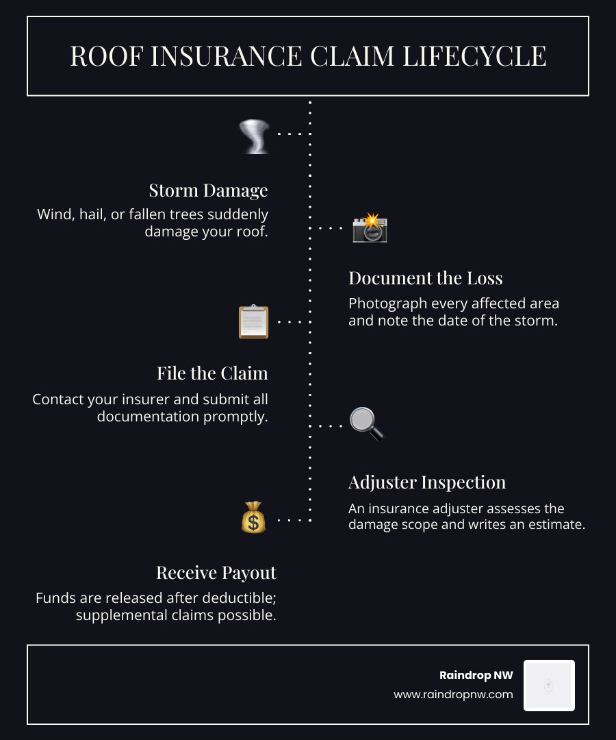 Infographic showing the roof insurance claim lifecycle from storm damage to final payout infographic