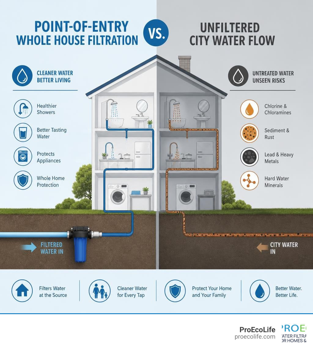 Infographic showing point-of-entry whole house filtration vs unfiltered city water flow infographic Infographic showing point-of-entry whole house filtration vs unfiltered city water flow infographic