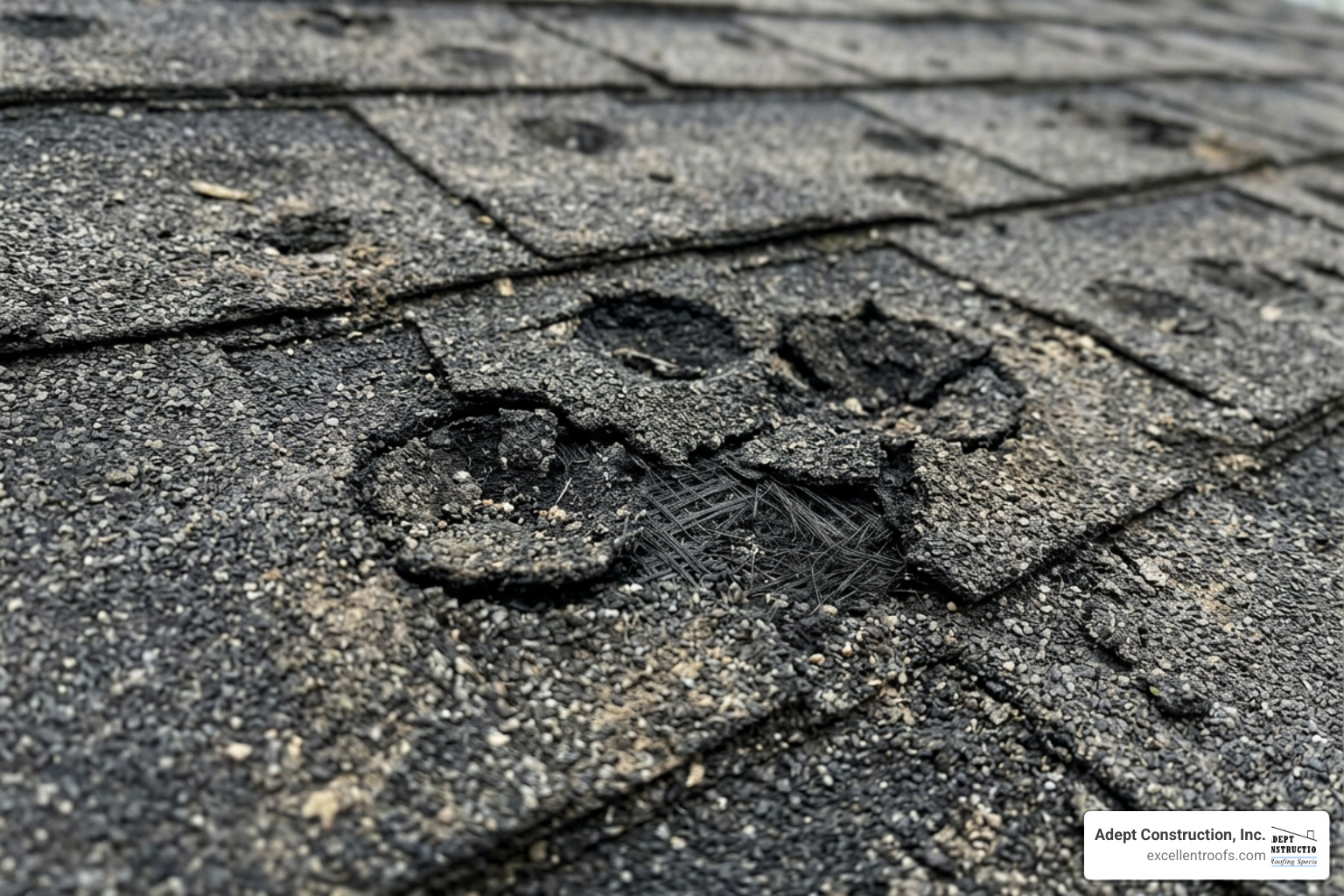 bruised asphalt shingles showing granule loss and physical hail impact bruised asphalt shingles showing granule loss and physical hail impact
