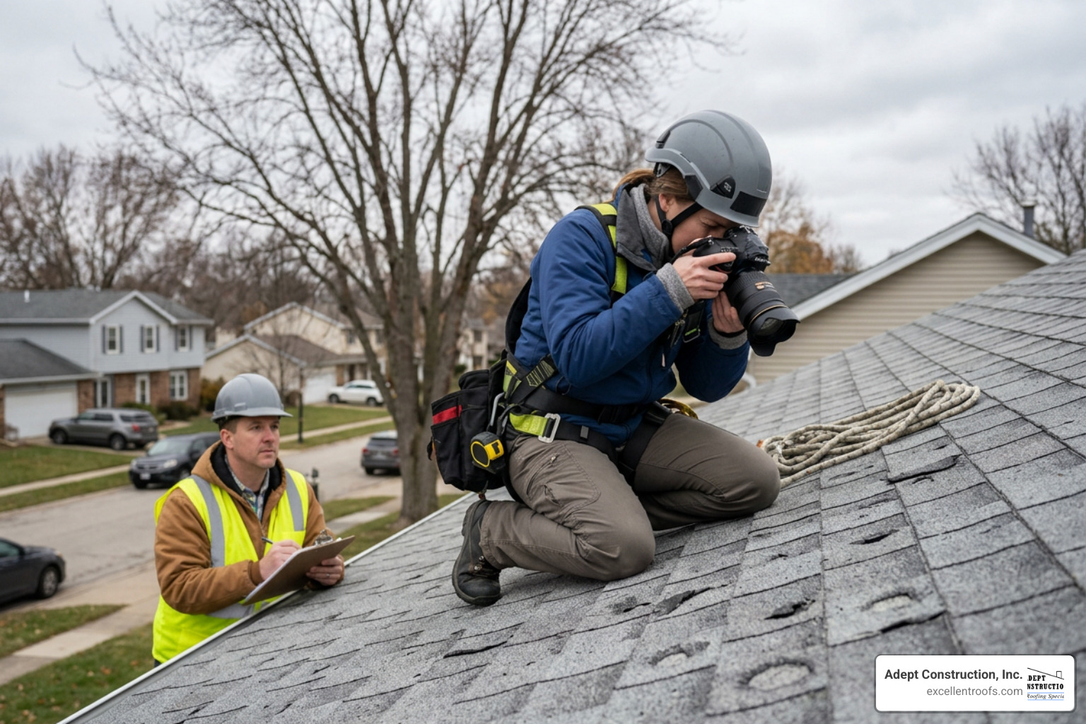 roof inspector documenting hail damage with a camera for an insurance claim roof inspector documenting hail damage with a camera for an insurance claim