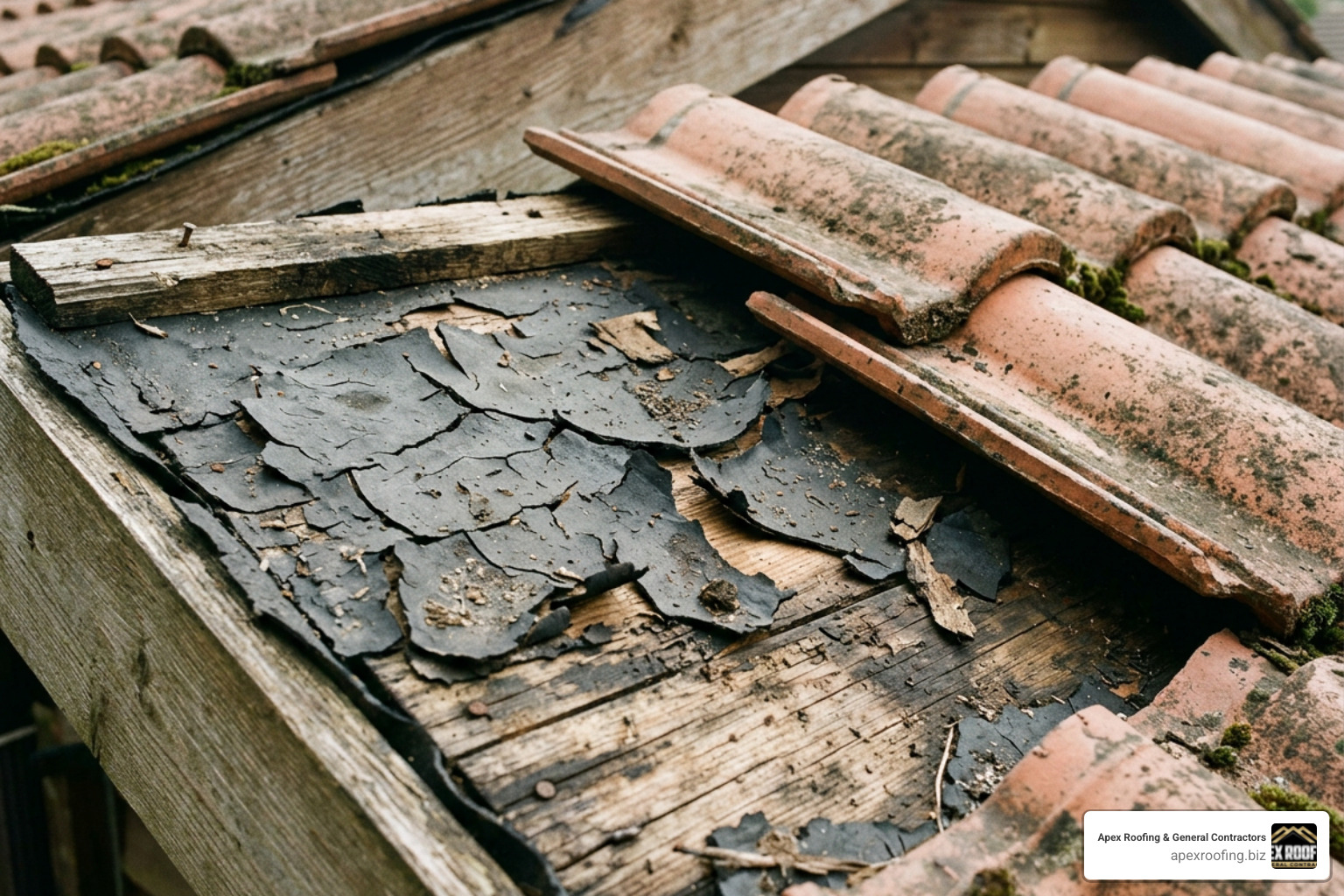 Deteriorated underlayment under a clay tile roof Deteriorated underlayment under a clay tile roof