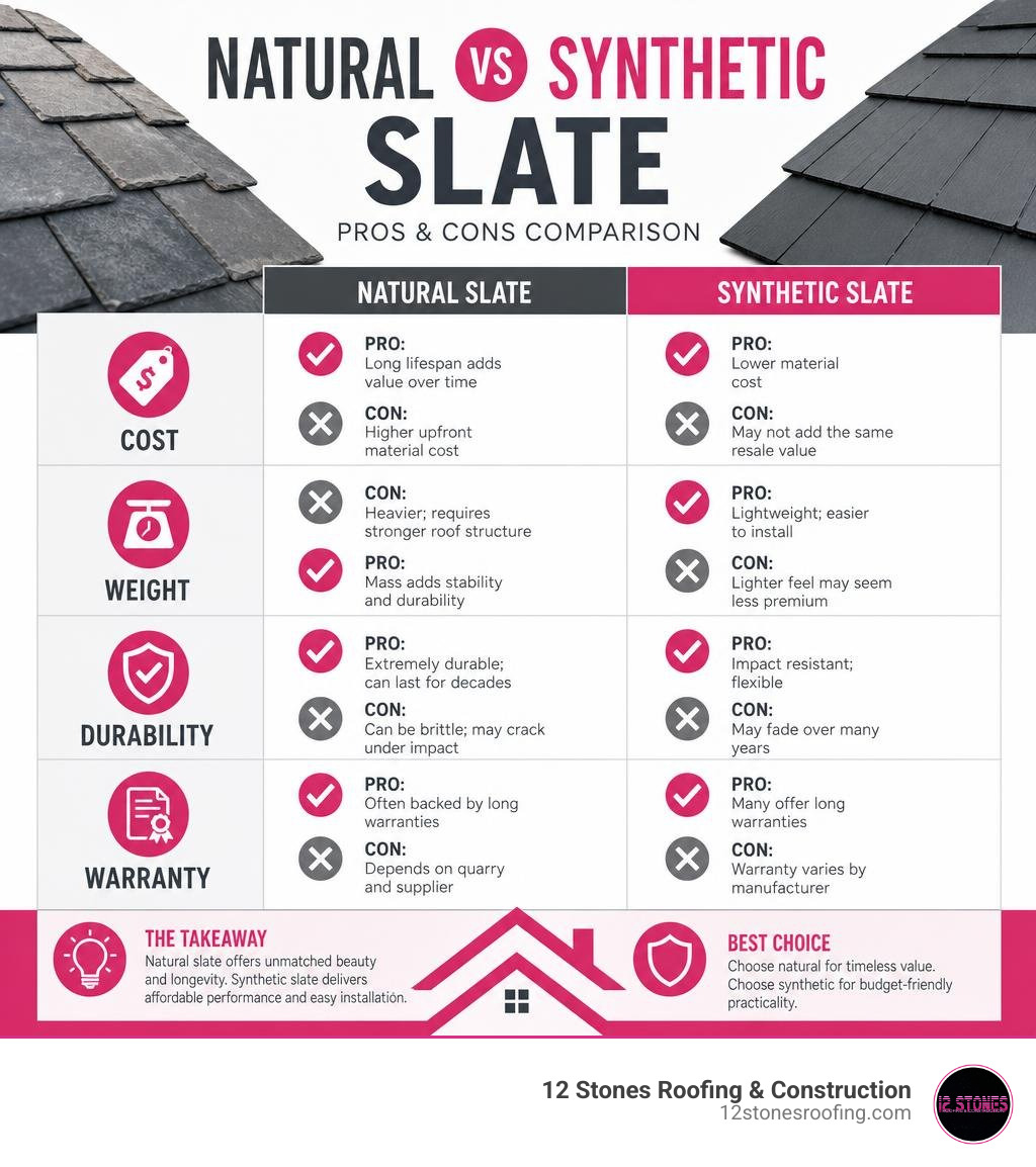 Natural vs synthetic slate pros and cons infographic comparing cost, weight, durability, and warranty infographic Natural vs synthetic slate pros and cons infographic comparing cost, weight, durability, and warranty infographic