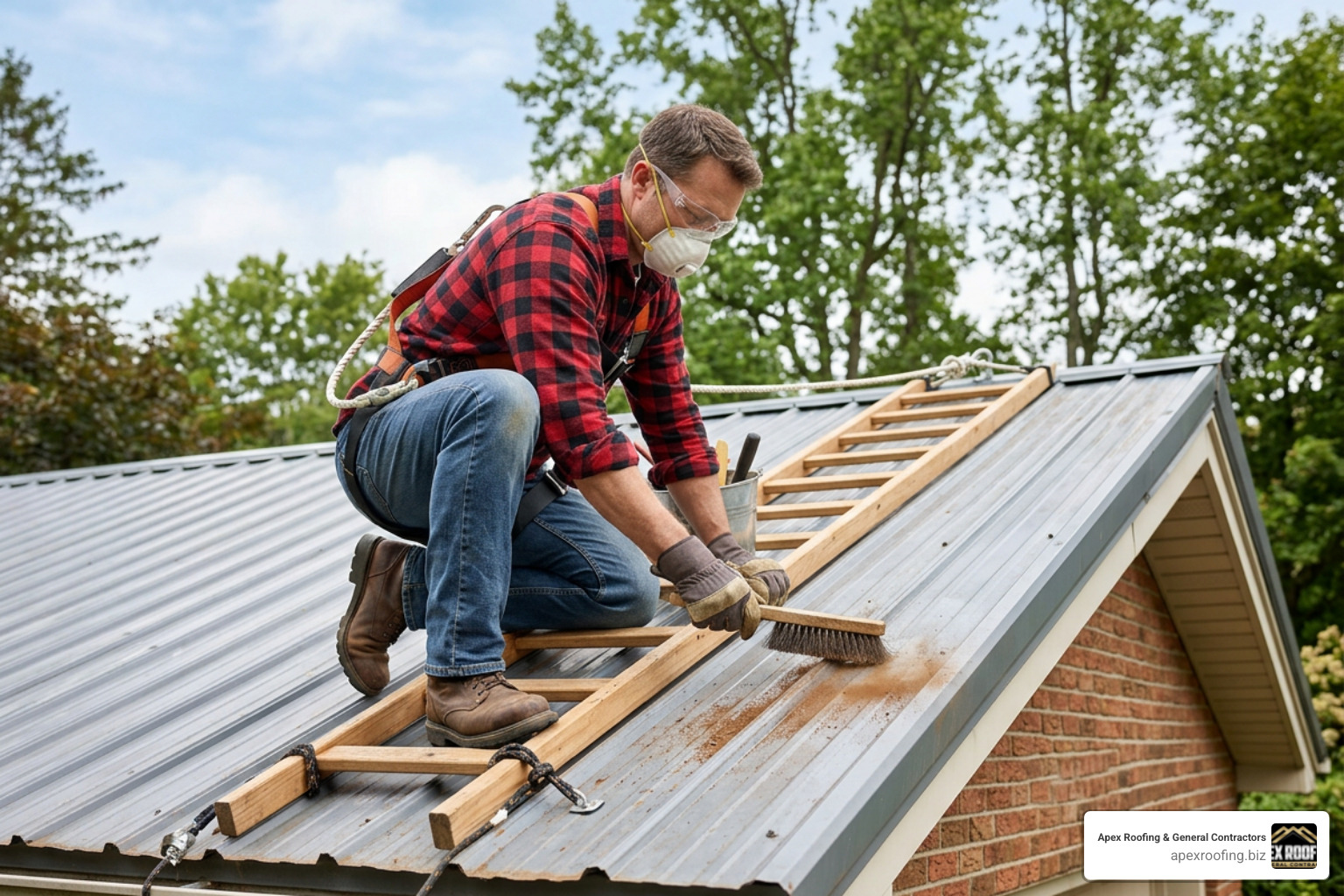 A homeowner safely cleaning a corrugated metal roof panel with a wire brush A homeowner safely cleaning a corrugated metal roof panel with a wire brush