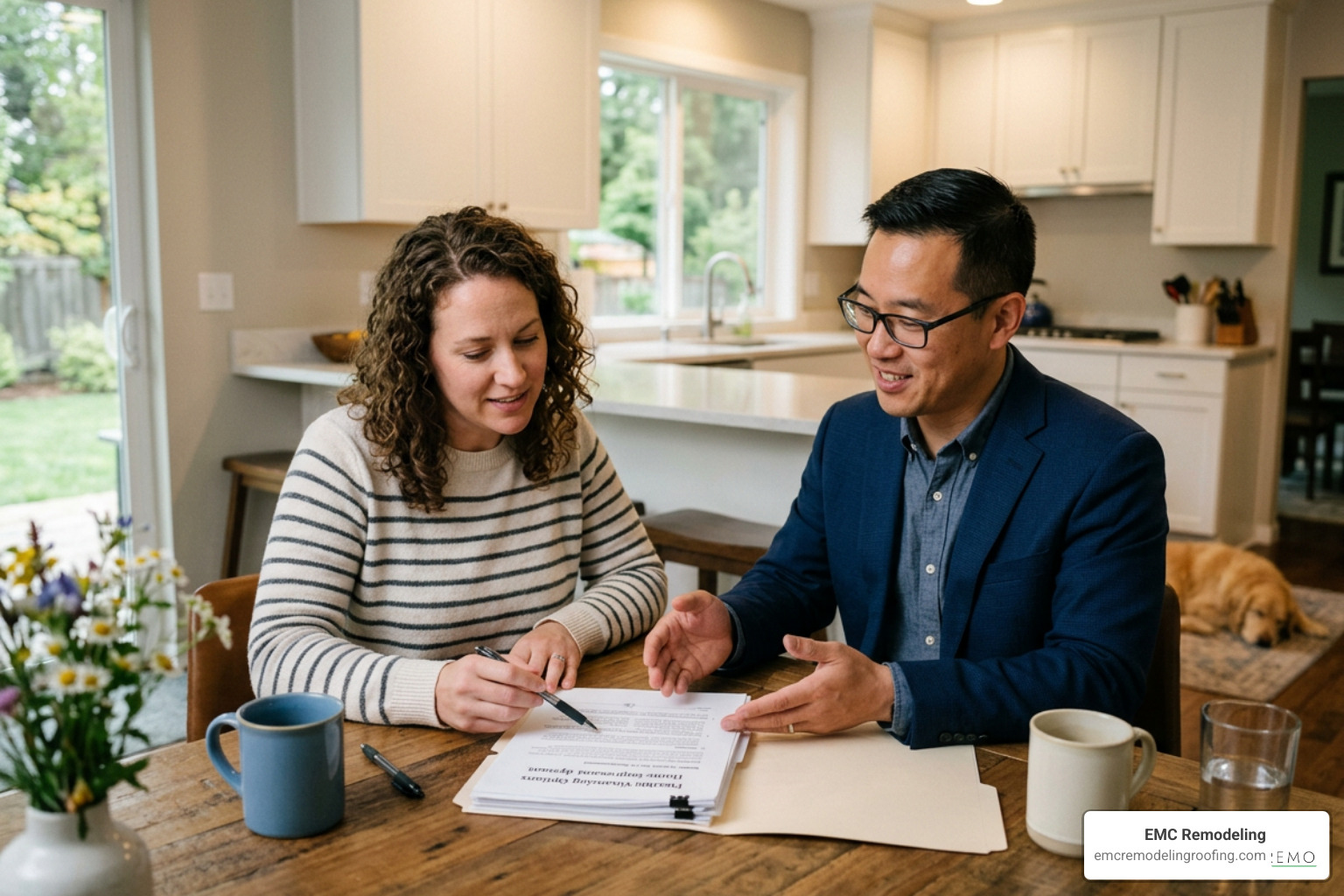 Homeowner reviewing flexible financing documents with a consultant Homeowner reviewing flexible financing documents with a consultant