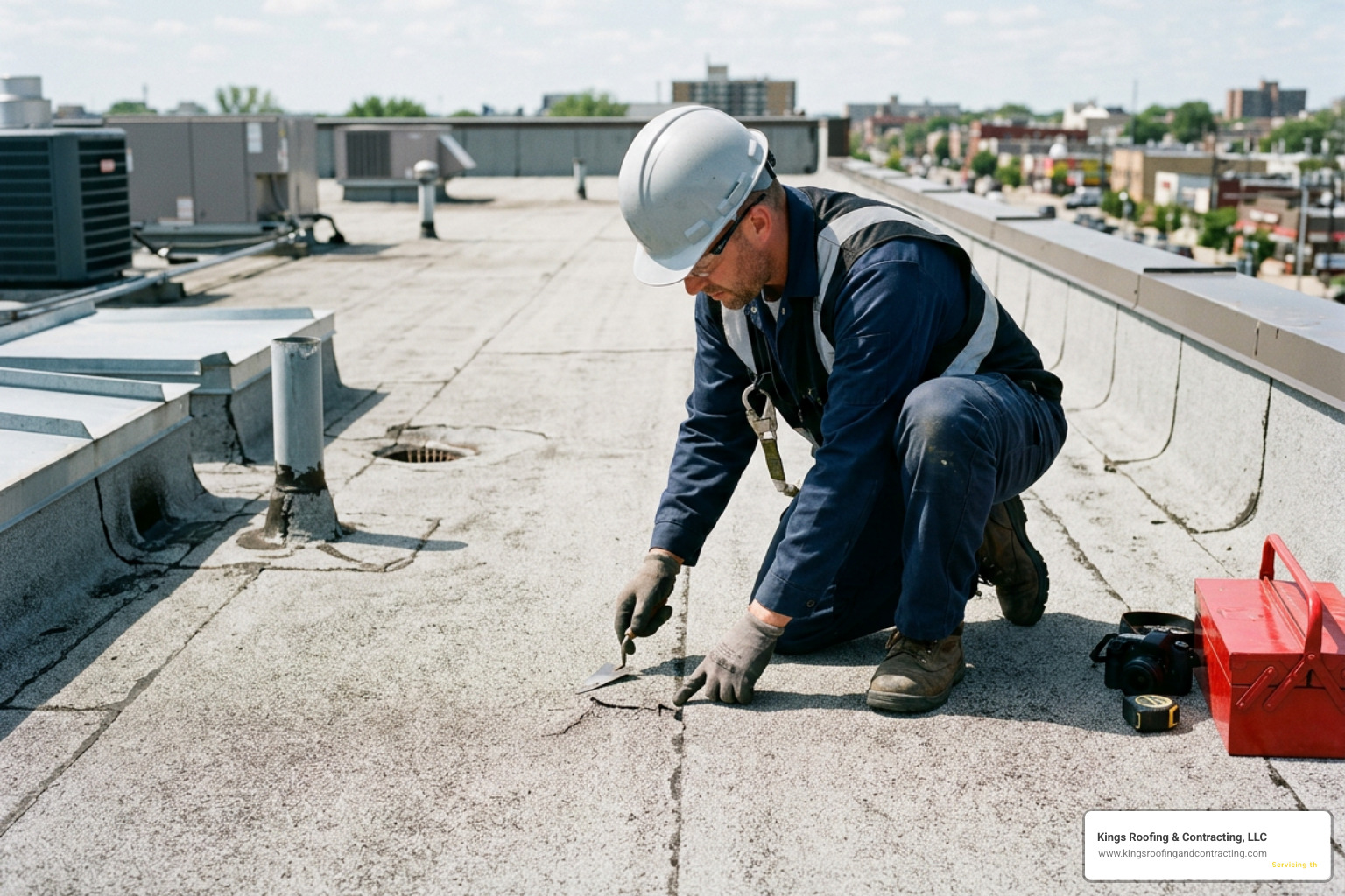 Technician performing flat roof inspection