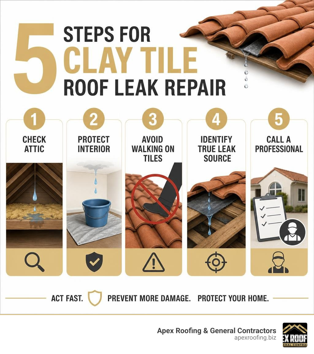 Infographic showing 5 steps for clay tile roof leak repair: check attic, protect interior, avoid walking on tiles, identify Infographic showing 5 steps for clay tile roof leak repair: check attic, protect interior, avoid walking on tiles, identify