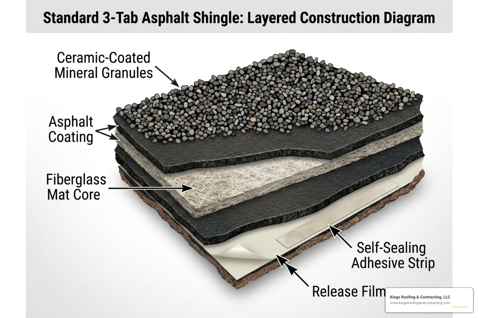 Layers of a standard 3 tab shingle construction Layers of a standard 3 tab shingle construction