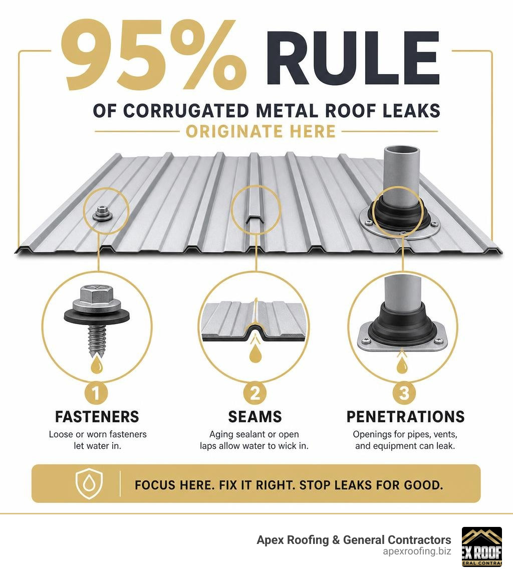 Infographic showing the 95% rule: where corrugated metal roof leaks originate — fasteners, seams, penetrations infographic Infographic showing the 95% rule: where corrugated metal roof leaks originate — fasteners, seams, penetrations infographic