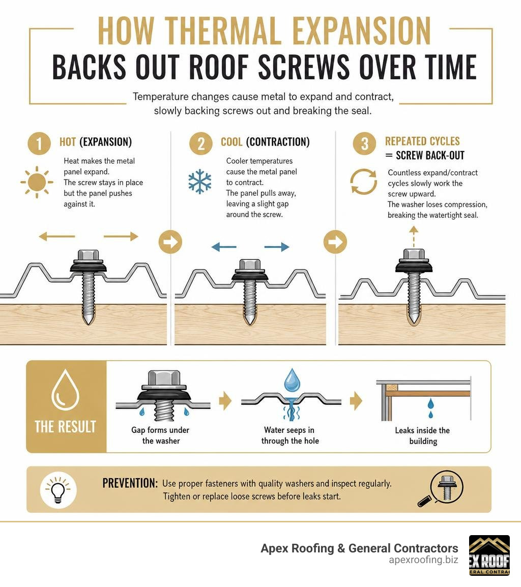 Diagram showing how thermal expansion backs out roof screws over time infographic Diagram showing how thermal expansion backs out roof screws over time infographic