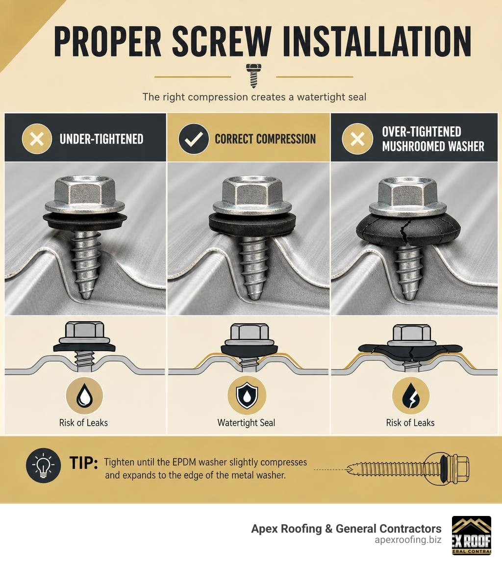 Proper screw installation: under-tightened, correct compression, and over-tightened/mushroomed washer infographic Proper screw installation: under-tightened, correct compression, and over-tightened/mushroomed washer infographic