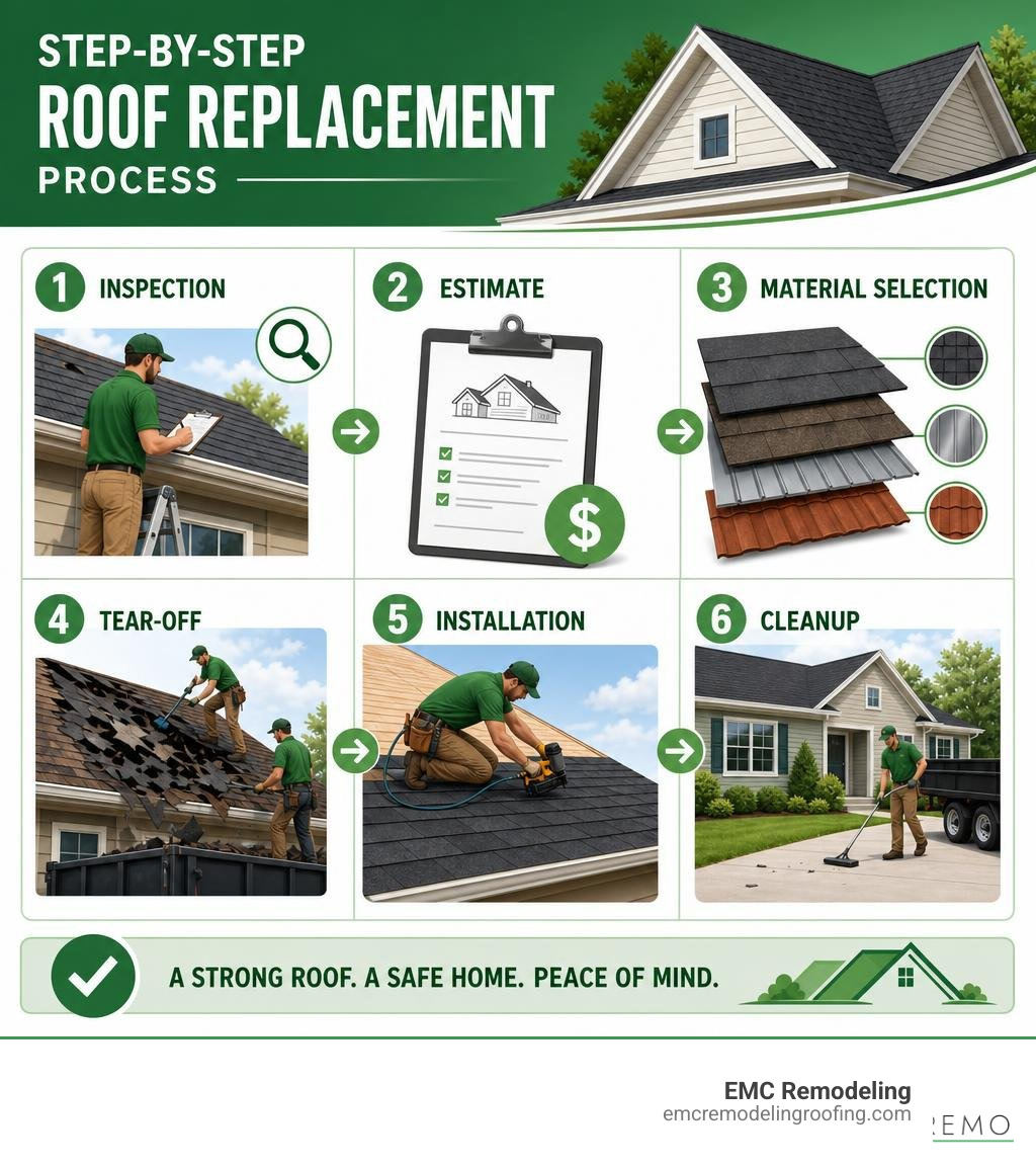 Step-by-step roof replacement process: inspection, estimate, material selection, tear-off, installation, cleanup infographic Step-by-step roof replacement process: inspection, estimate, material selection, tear-off, installation, cleanup infographic