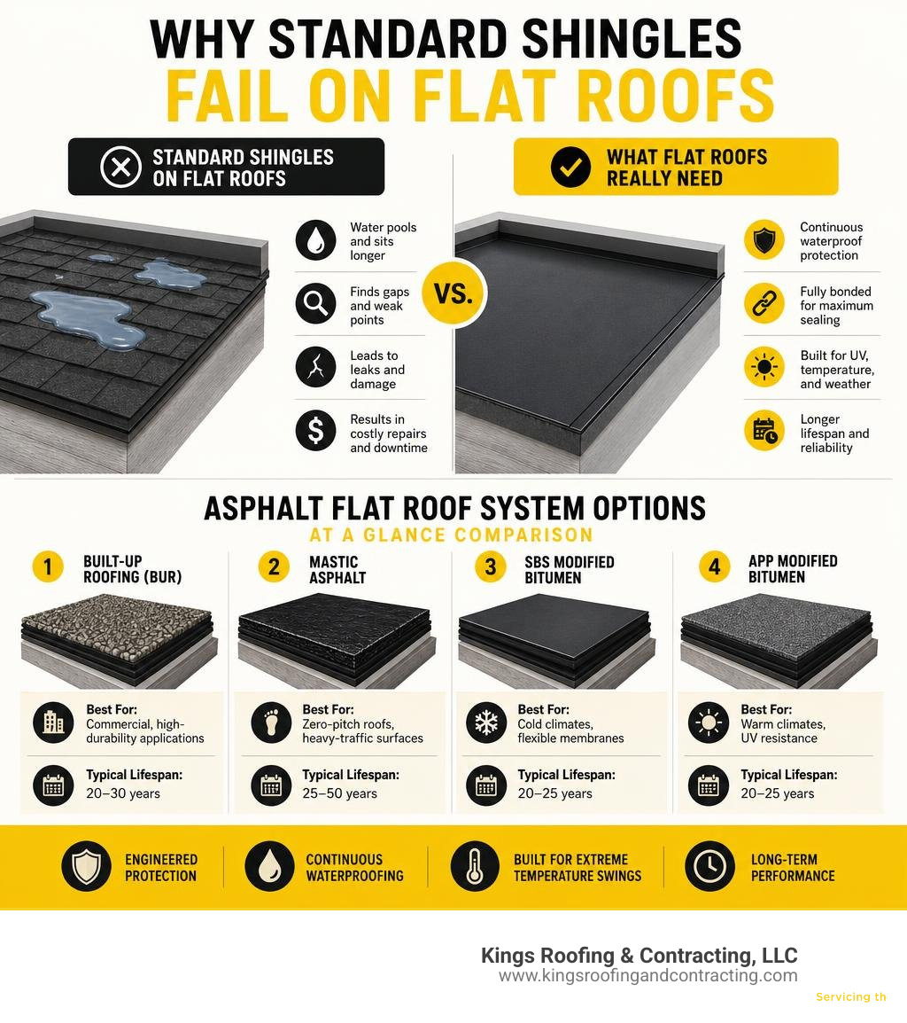 Why standard shingles fail on flat roofs vs. asphalt flat roof system options comparison infographic infographic