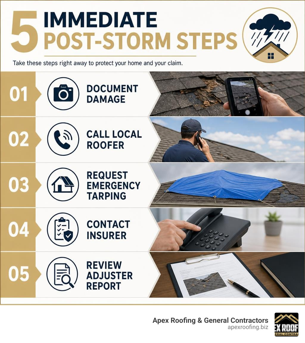 Infographic showing 5 immediate post-storm steps: document damage, call local roofer, request emergency tarping, contact