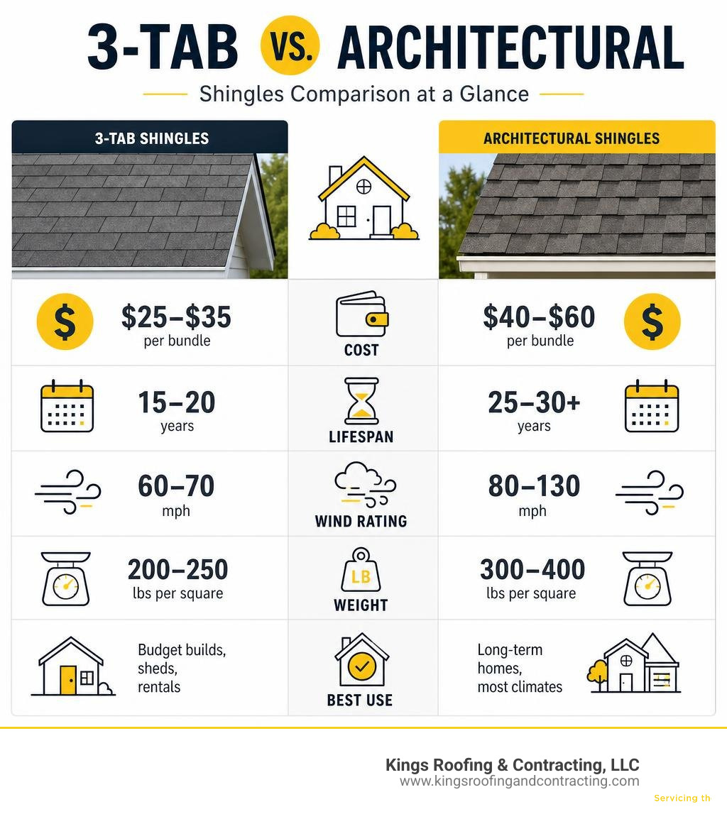 Infographic comparing 3-tab vs architectural shingles: cost, lifespan, wind rating, weight, and best use cases infographic Infographic comparing 3-tab vs architectural shingles: cost, lifespan, wind rating, weight, and best use cases infographic