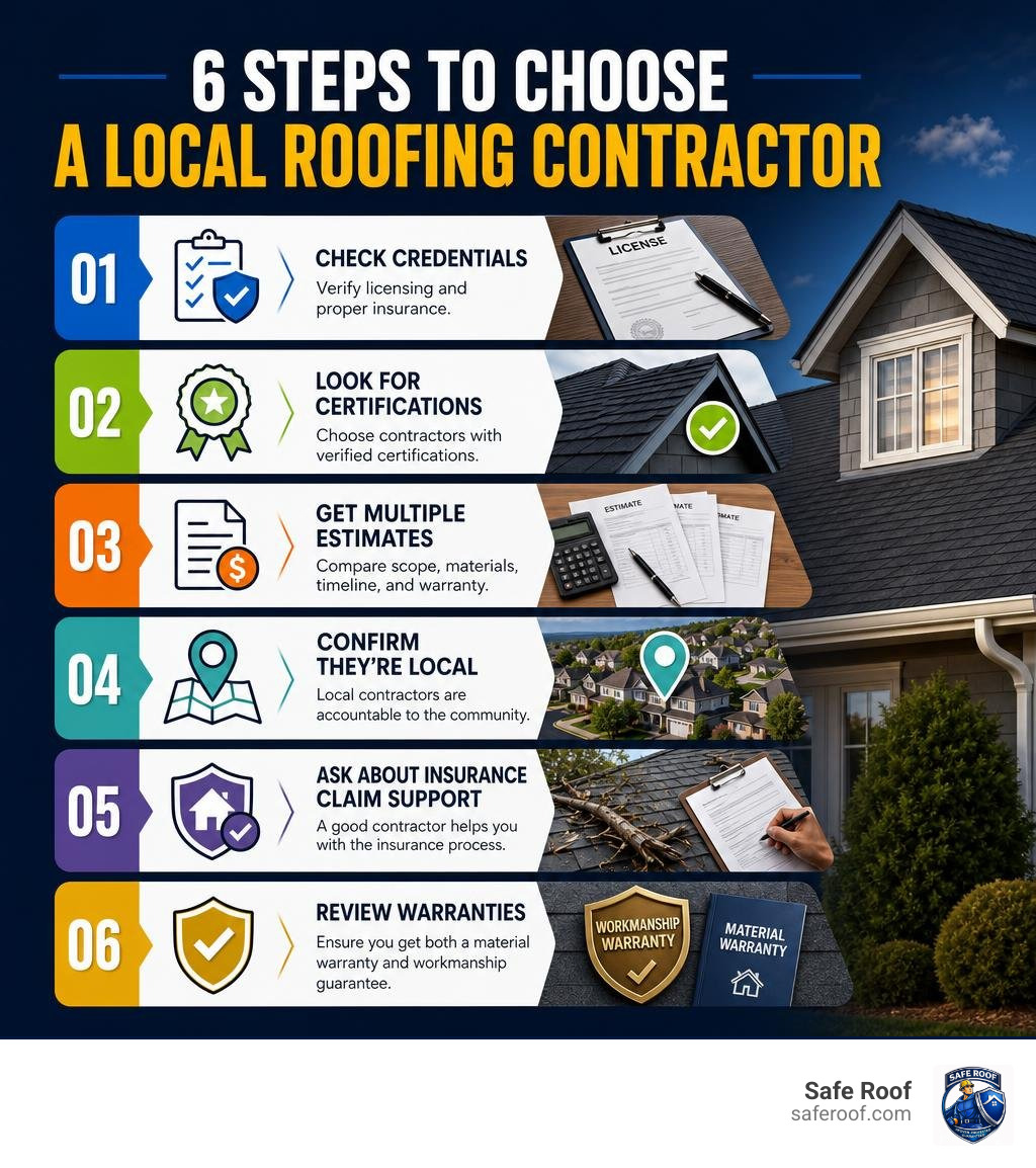 Infographic: 6 steps to choose a local roofing contractor, covering licensing, certifications, estimates, local reputation Infographic: 6 steps to choose a local roofing contractor, covering licensing, certifications, estimates, local reputation