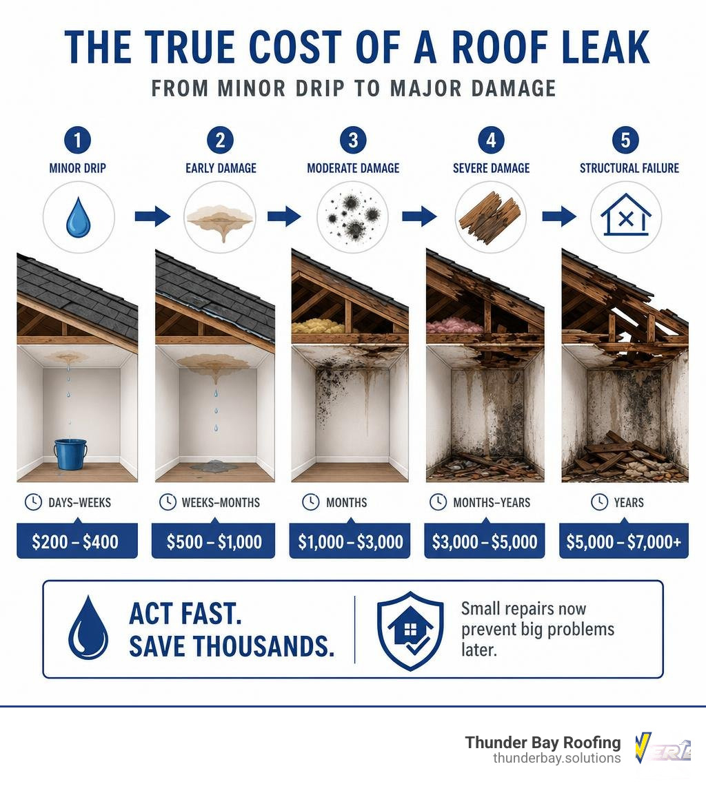 Infographic showing the progression of roof leak damage from minor drip to major structural failure with costs infographic Infographic showing the progression of roof leak damage from minor drip to major structural failure with costs infographic