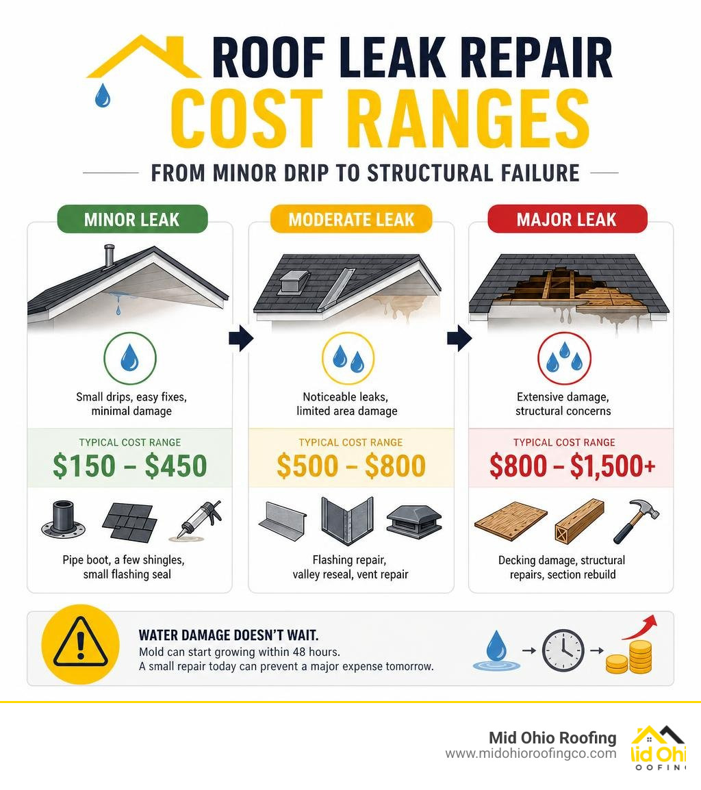 Infographic showing roof leak repair cost ranges from minor drip to structural failure infographic Infographic showing roof leak repair cost ranges from minor drip to structural failure infographic