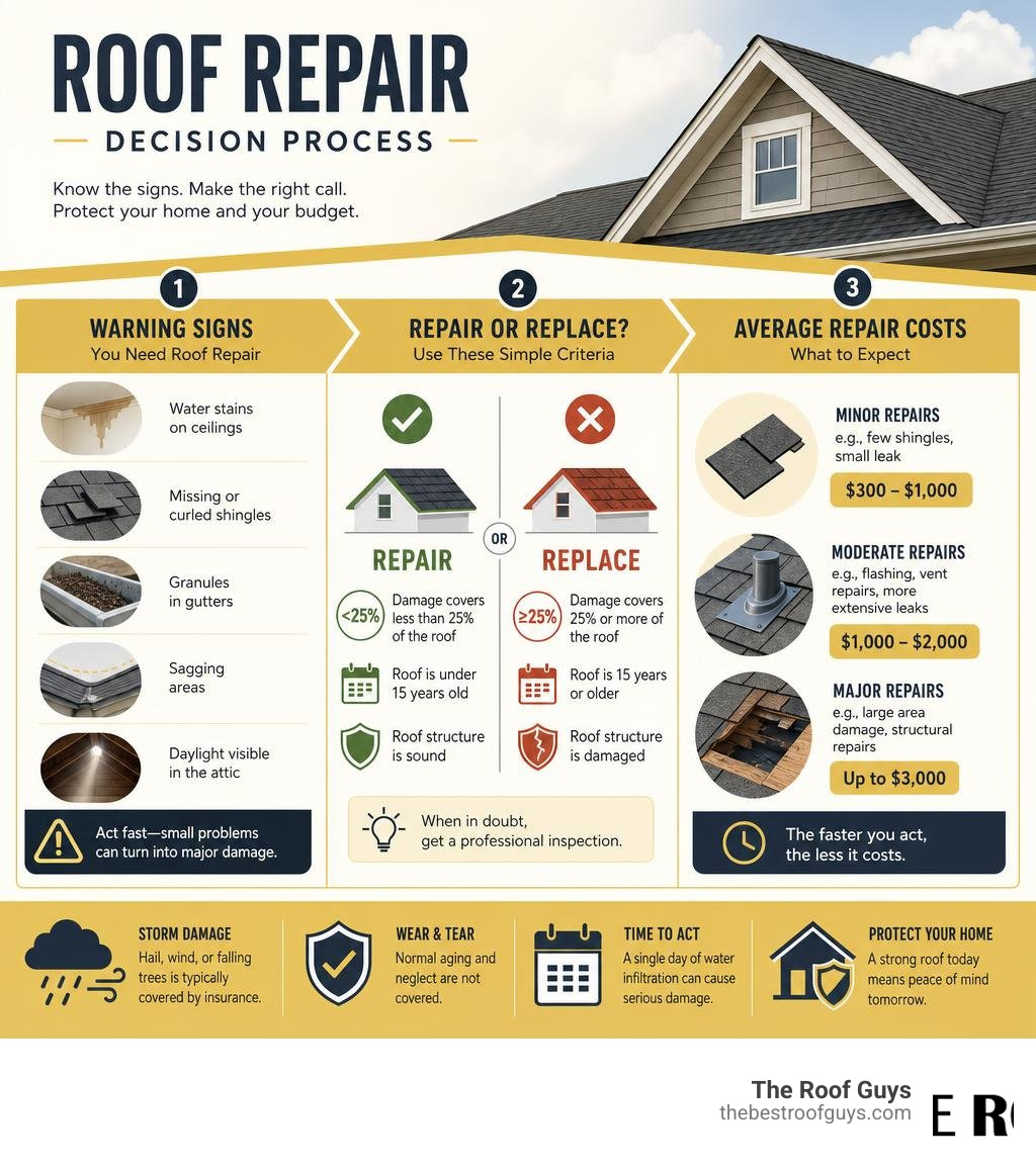 Infographic showing roof repair decision process: warning signs, repair vs replace criteria, and average costs infographic Infographic showing roof repair decision process: warning signs, repair vs replace criteria, and average costs infographic
