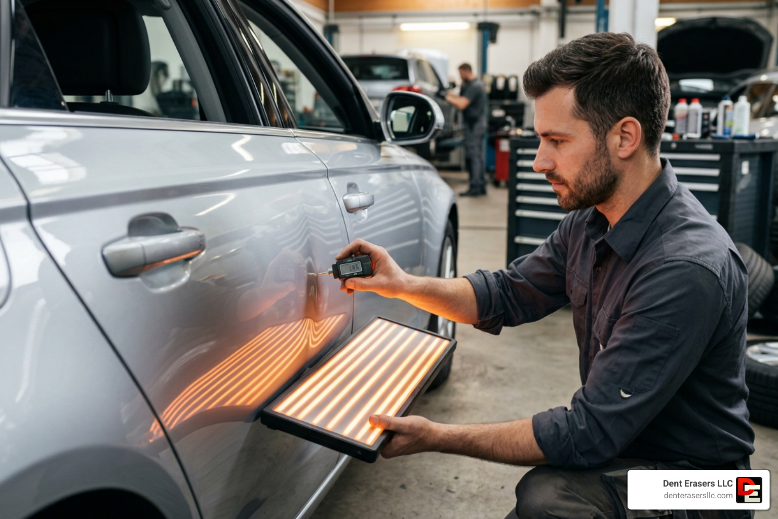technician measuring a dent with a specialized LED board Technician Measuring A Dent With A Specialized Led Board