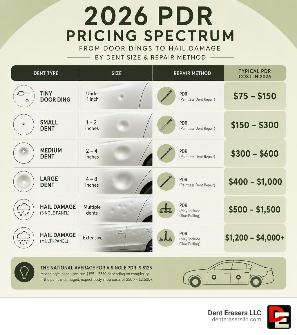 2026 PDR pricing spectrum from door dings to hail damage by dent size and repair method infographic 2026 Pdr Pricing Spectrum From Door Dings To Hail Damage By Dent Size And Repair Method Infographic