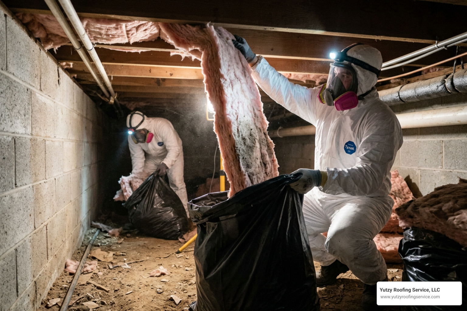 removing old fiberglass insulation from a commercial crawl space removing old fiberglass insulation from a commercial crawl space