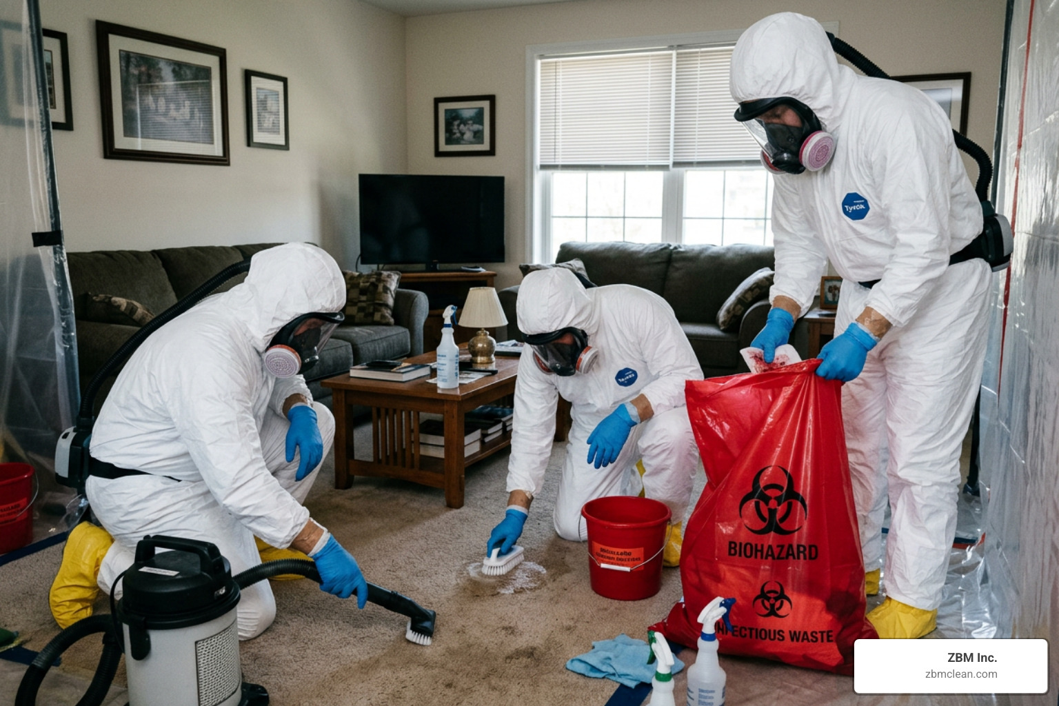 professional technicians in PPE cleaning up a biohazard scene professional technicians in PPE cleaning up a biohazard scene