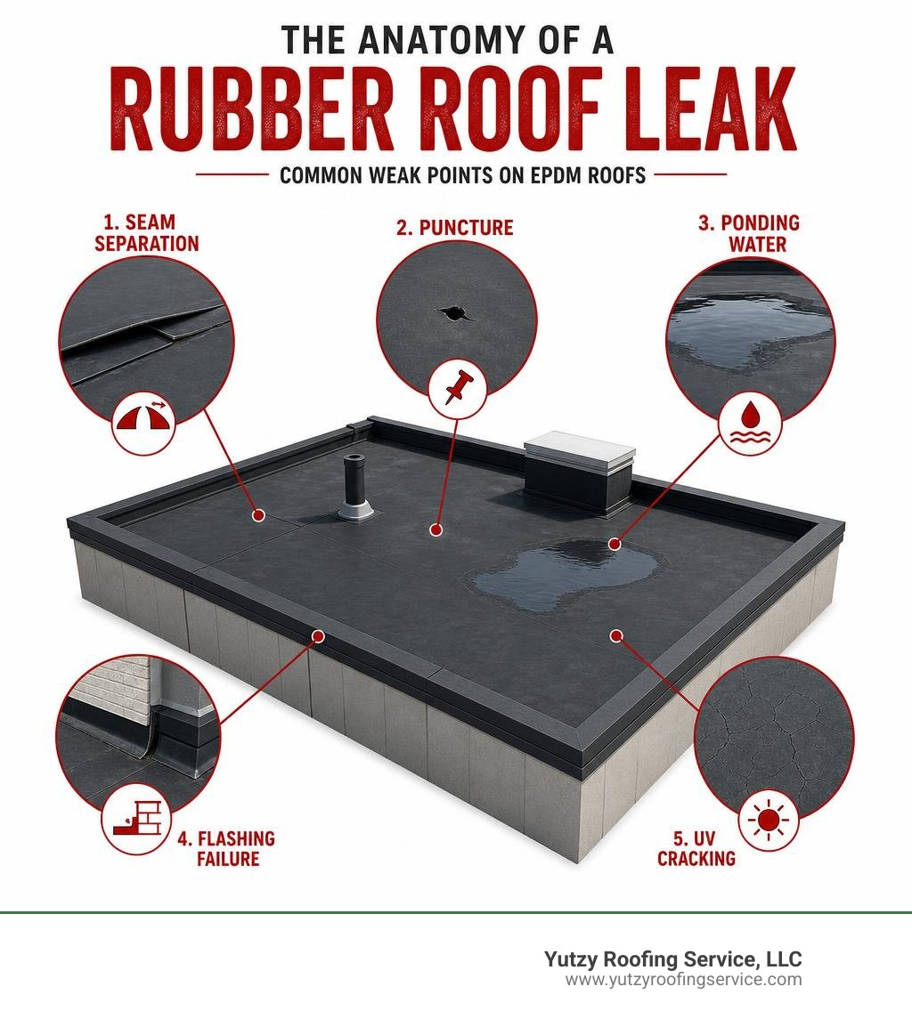 Infographic showing anatomy of a rubber roof leak: seam separation, puncture, ponding water, flashing failure, and UV Infographic showing anatomy of a rubber roof leak: seam separation, puncture, ponding water, flashing failure, and UV