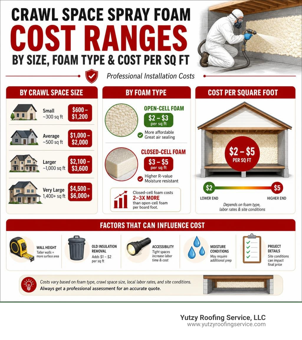 infographic showing crawl space spray foam cost ranges by size, foam type, and cost per square foot infographic infographic showing crawl space spray foam cost ranges by size, foam type, and cost per square foot infographic