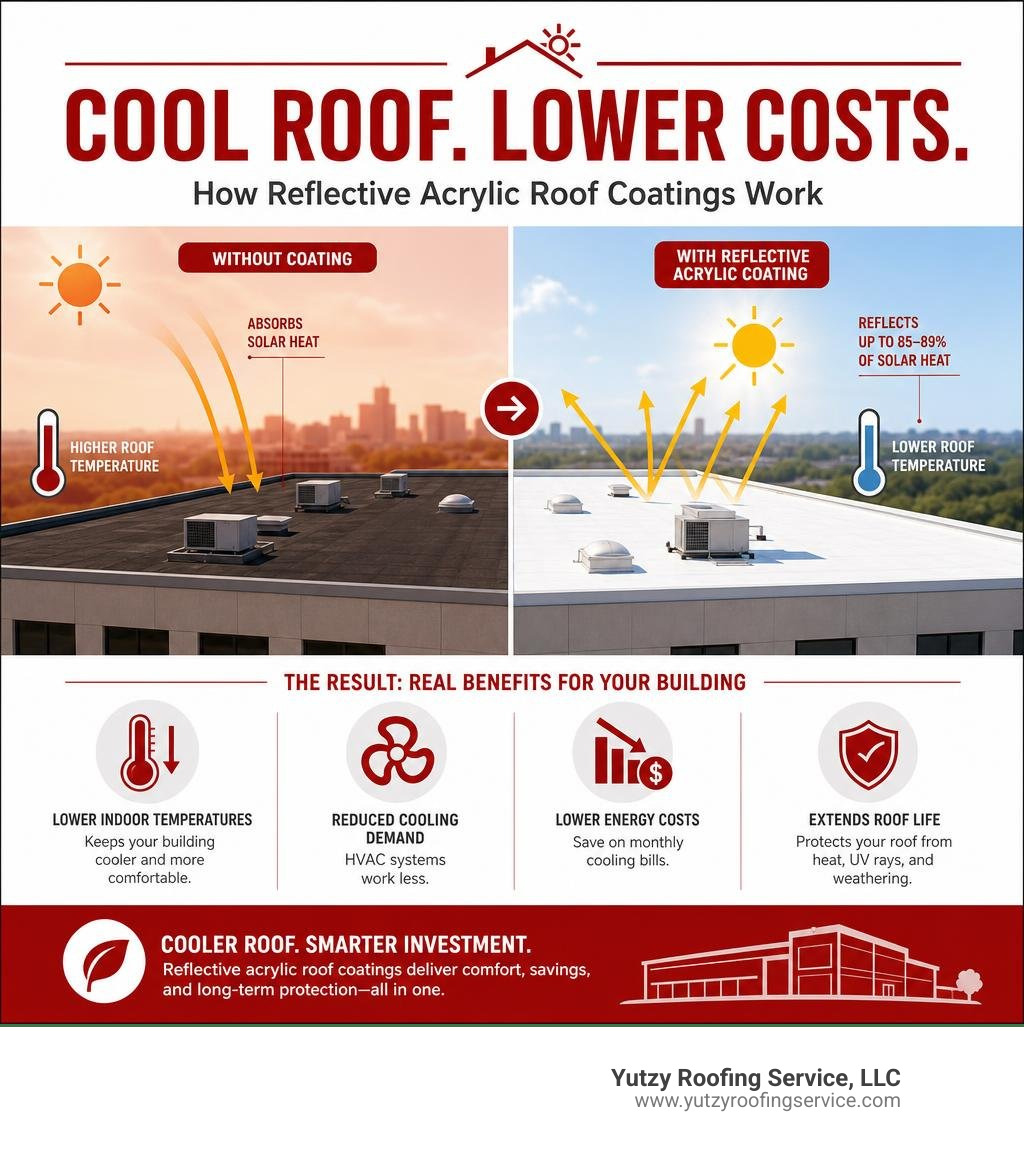 Infographic showing how reflective acrylic roof coatings reduce building temperatures and energy costs infographic Infographic showing how reflective acrylic roof coatings reduce building temperatures and energy costs infographic