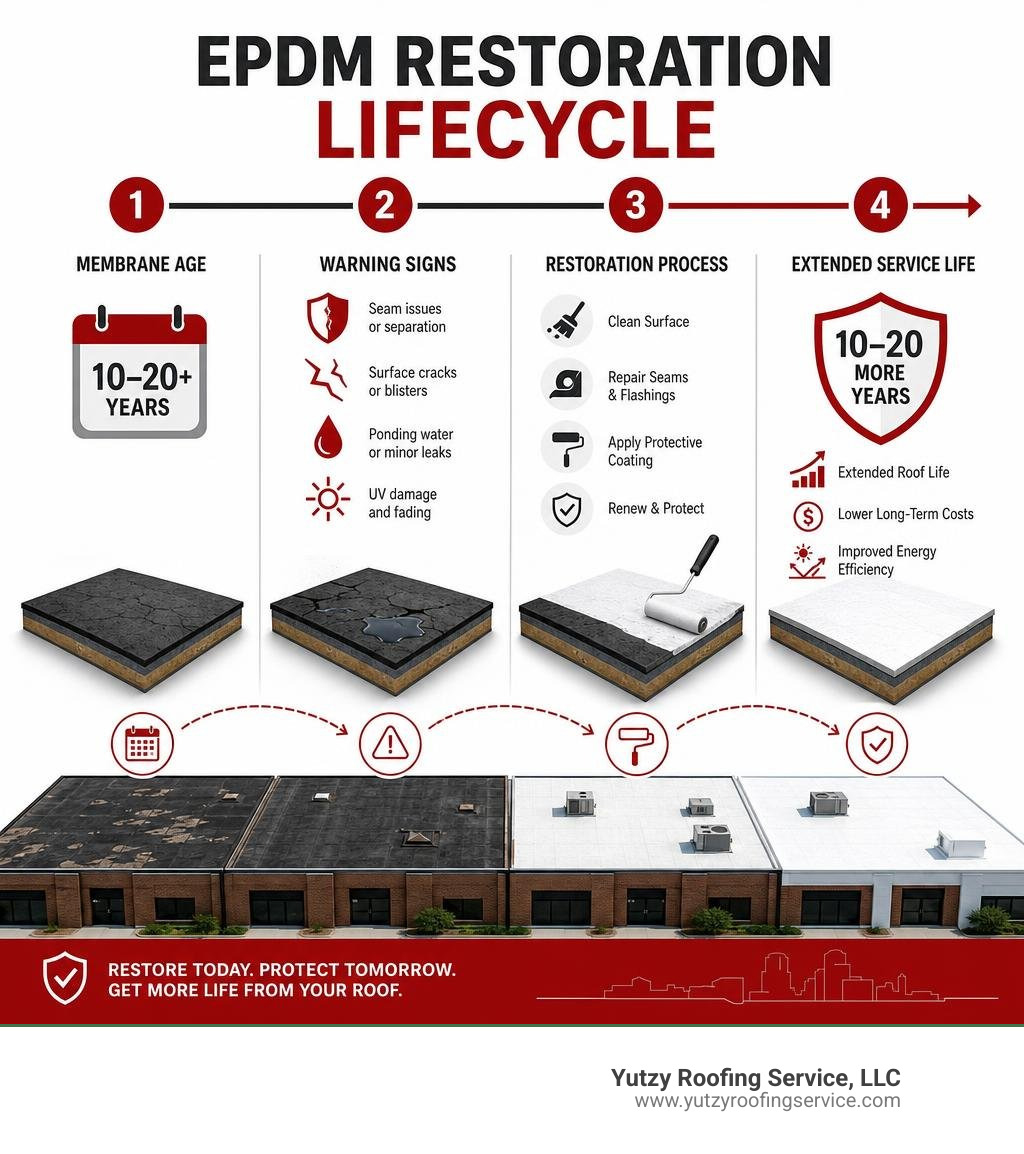 EPDM restoration lifecycle infographic showing membrane age, warning signs, restoration process, and extended service life EPDM restoration lifecycle infographic showing membrane age, warning signs, restoration process, and extended service life