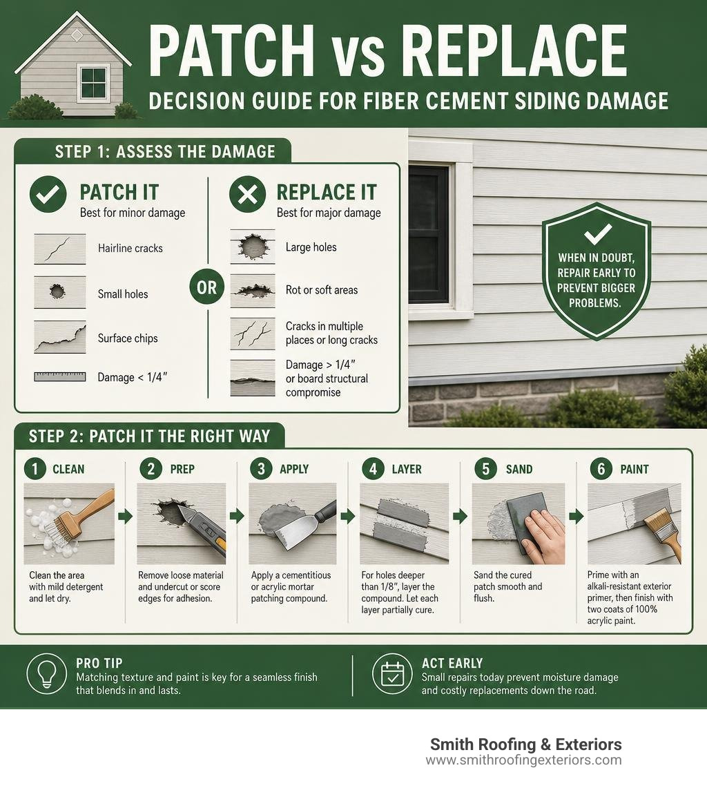 Step-by-step patch vs replace decision guide for fiber cement siding damage infographic Step-by-step patch vs replace decision guide for fiber cement siding damage infographic