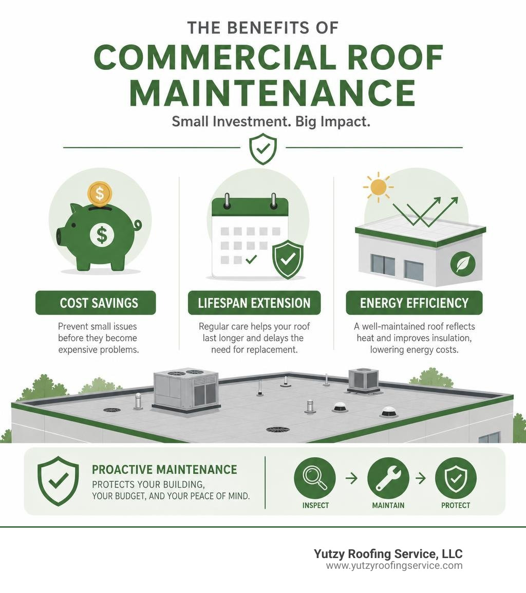infographic showing commercial roof maintenance benefits including cost savings, lifespan extension, and energy efficiency infographic showing commercial roof maintenance benefits including cost savings, lifespan extension, and energy efficiency