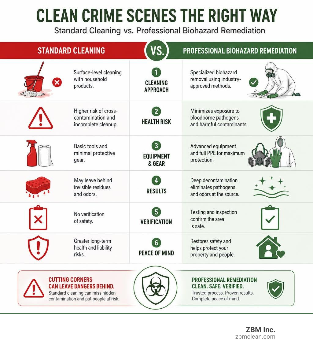 Infographic comparing standard cleaning vs professional biohazard remediation steps and risks infographic Infographic comparing standard cleaning vs professional biohazard remediation steps and risks infographic