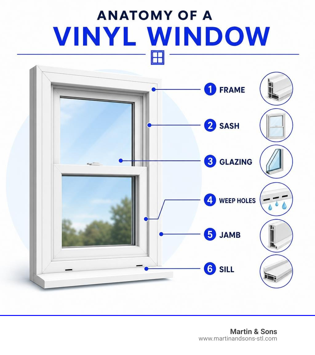 Anatomy of a vinyl window with labeled parts: frame, sash, glazing, weep holes, jamb, sill infographic Anatomy of a vinyl window with labeled parts: frame, sash, glazing, weep holes, jamb, sill infographic