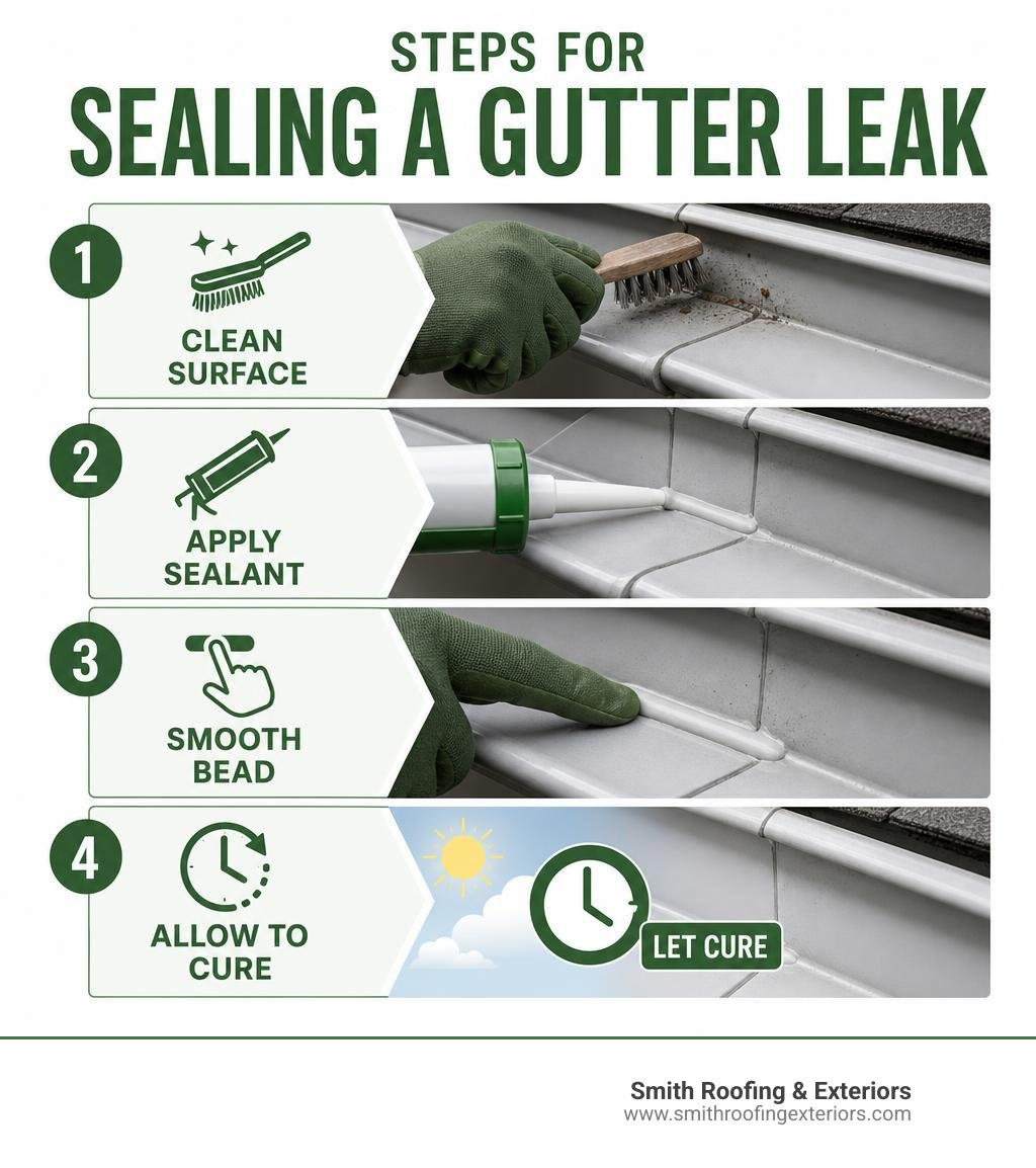 Steps for sealing a gutter leak: clean surface, apply sealant, smooth bead, allow to cure infographic Steps for sealing a gutter leak: clean surface, apply sealant, smooth bead, allow to cure infographic